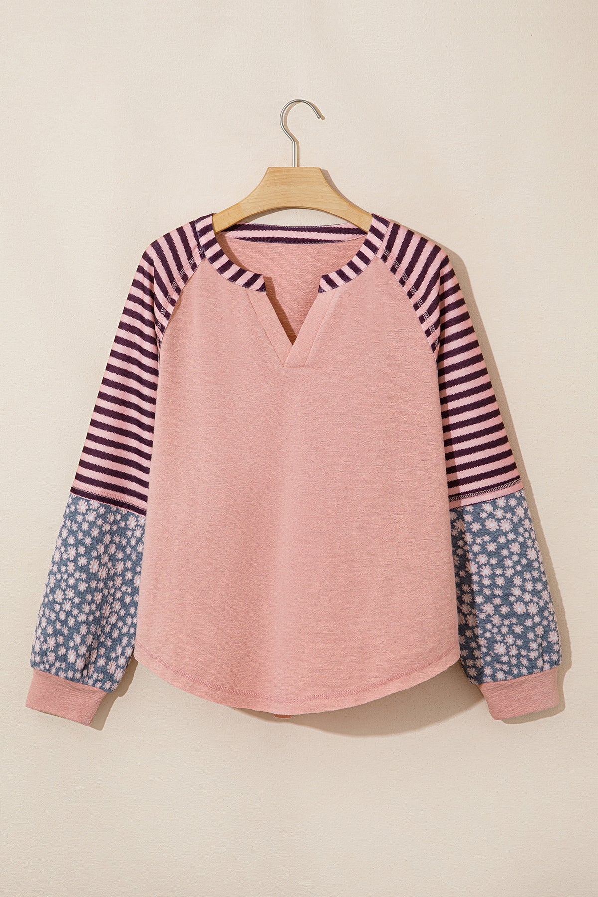 Light Pink V Neck Colorblock Patchwork Striped Floral Top