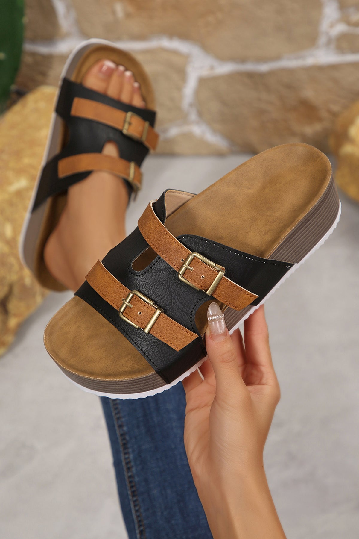 black Faux Suede Contrast Buckle Strap Retro Platform Sandals