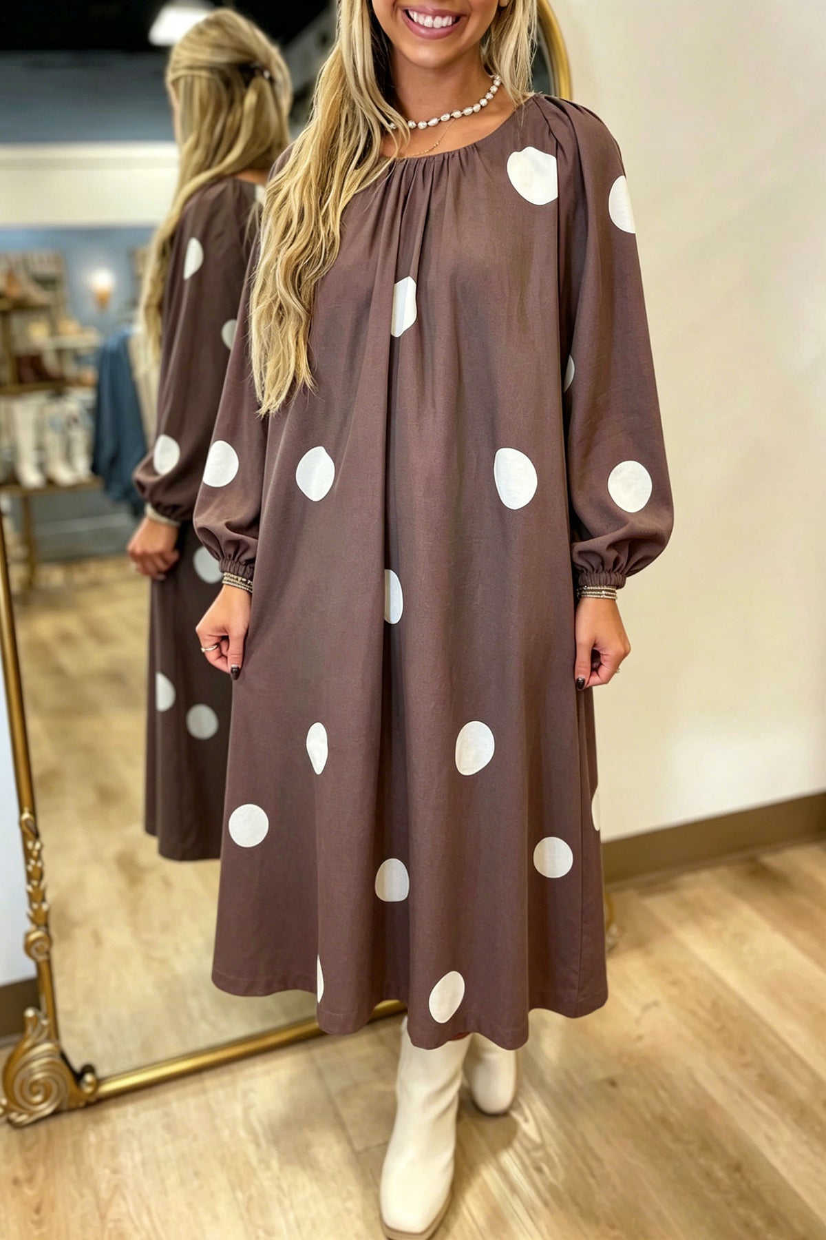 Brown Polka Dot Bow Midi Dress