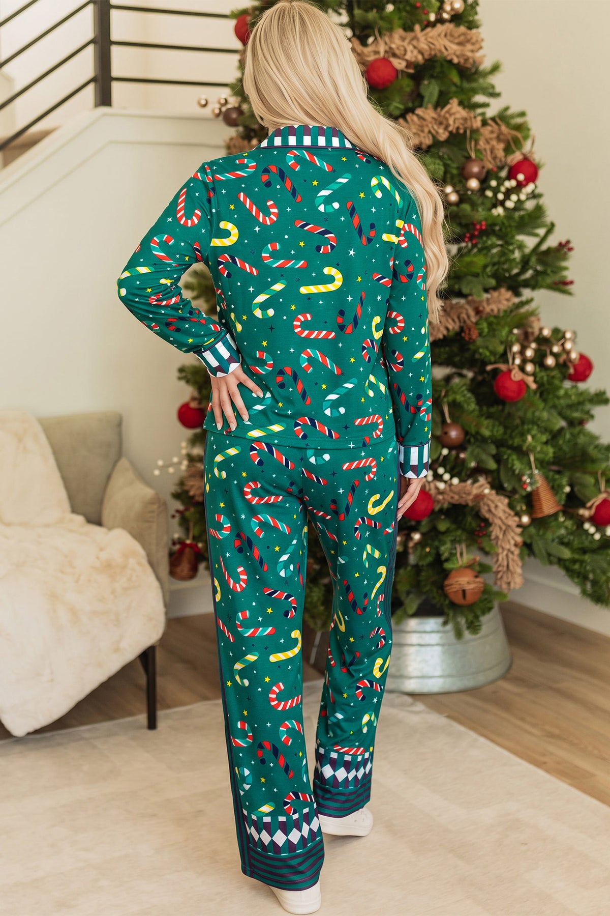 Green Abstract Candy Cane Print Long Sleeve Lounge Set
