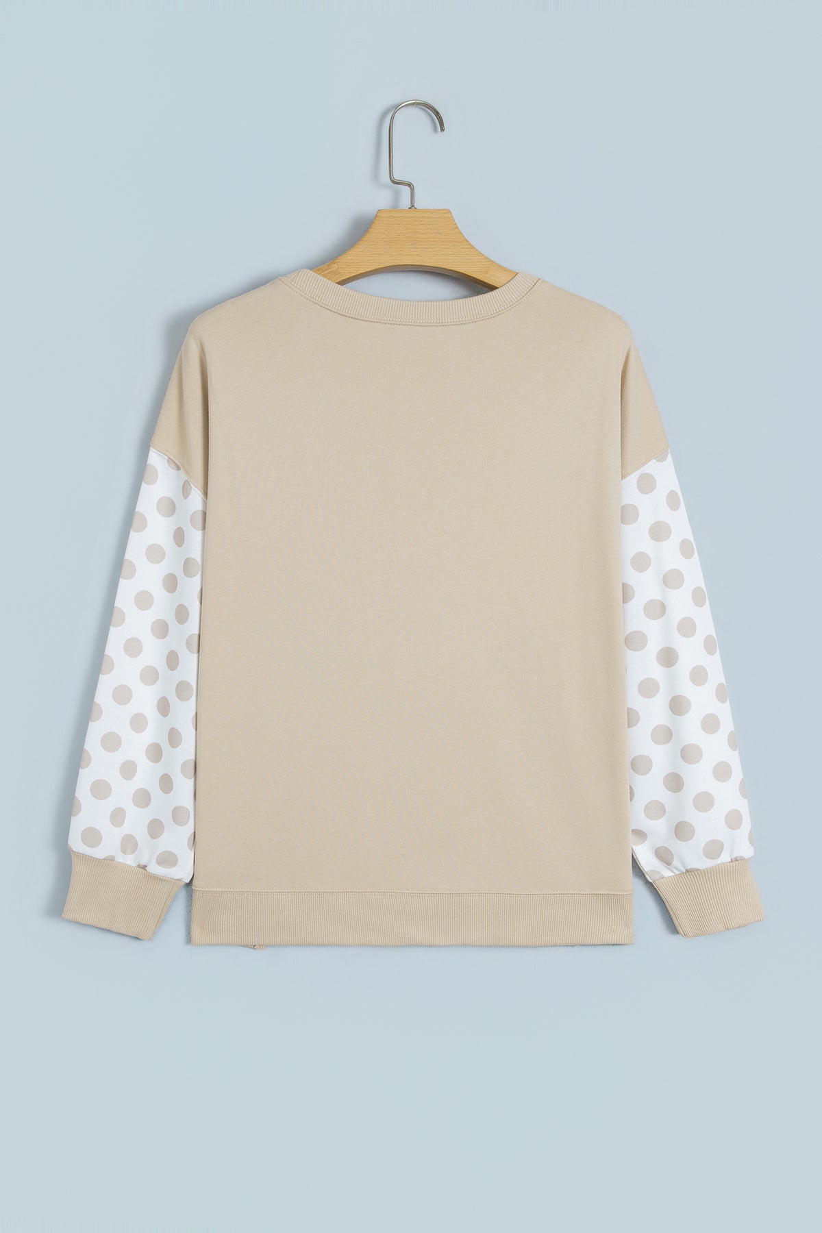 Khaki Polka Dot Patchwork Sleeve Crew Neck Sweatshirt
