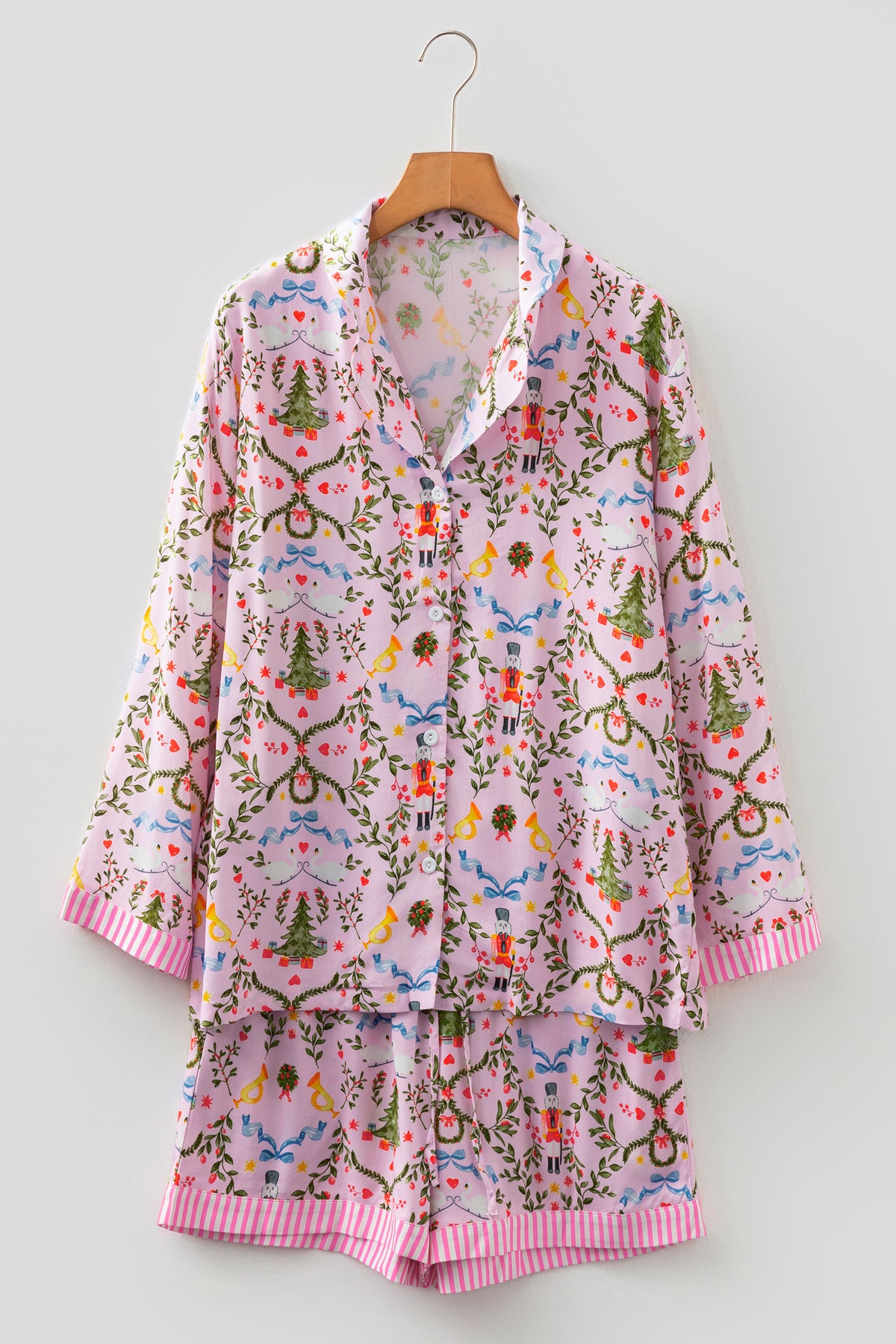 Pink Nutcracker Christmas Print Long Sleeve Shorts Pajama Set