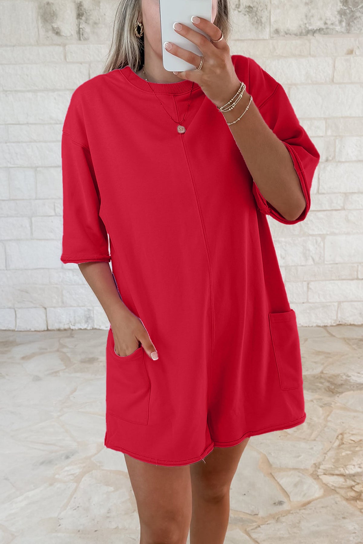 Fiery Red Solid Raw Edge Half Sleeve Pocketed Loose Romper