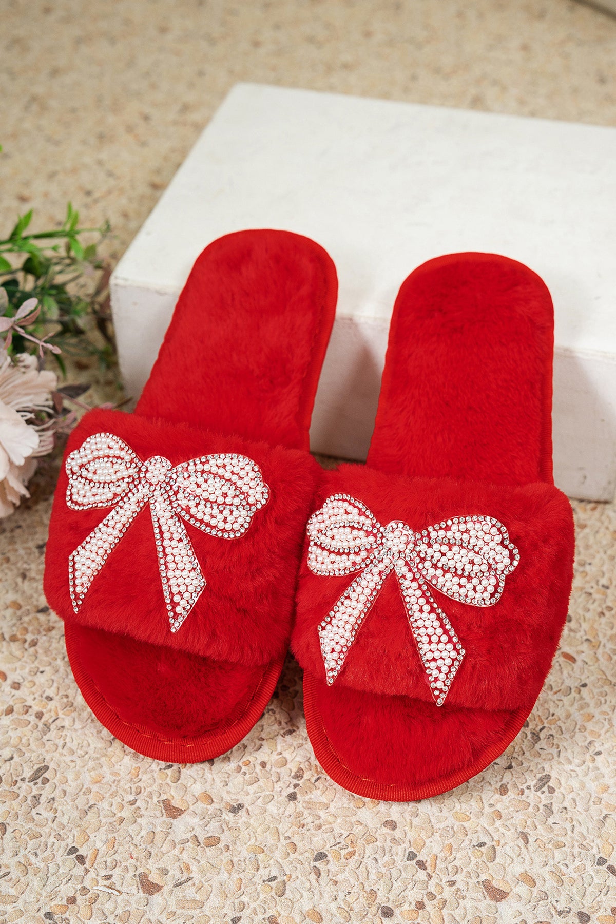 Fiery Red Pearl Rhinestone Embellished Bow Open-Toe Plush Slippers