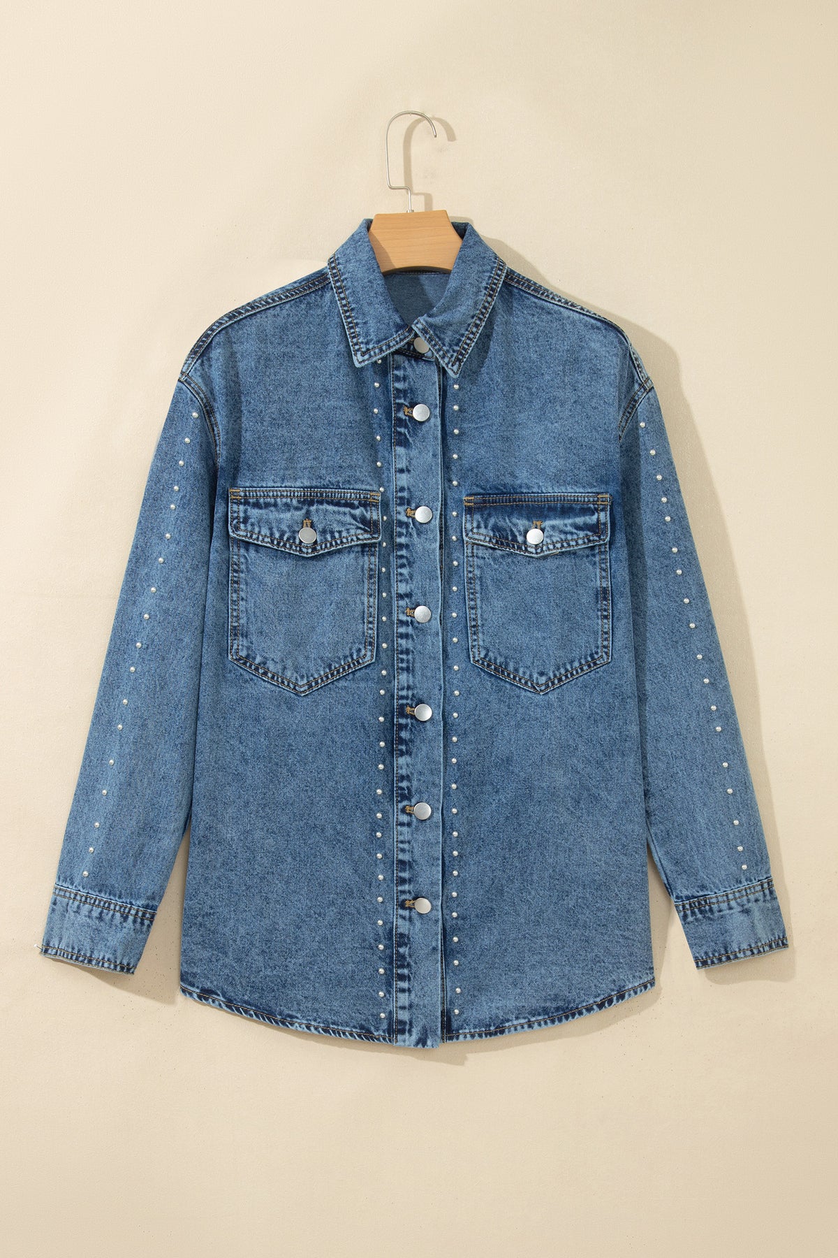 Sail Blue Rivet Embellished Western Style Long Sleeve Denim Jacket