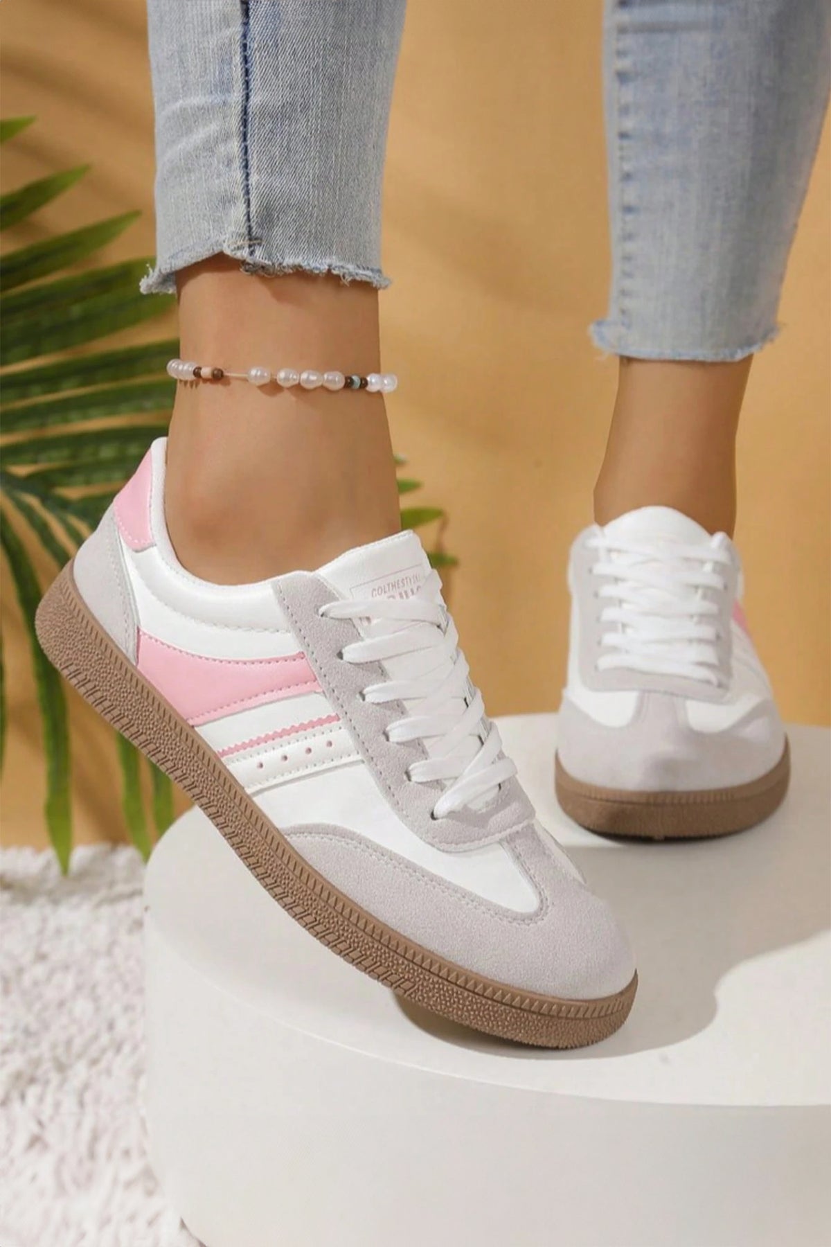 Pink Fashionable Patchwork Lace-Up Low-Top Casual Flat Sneakers