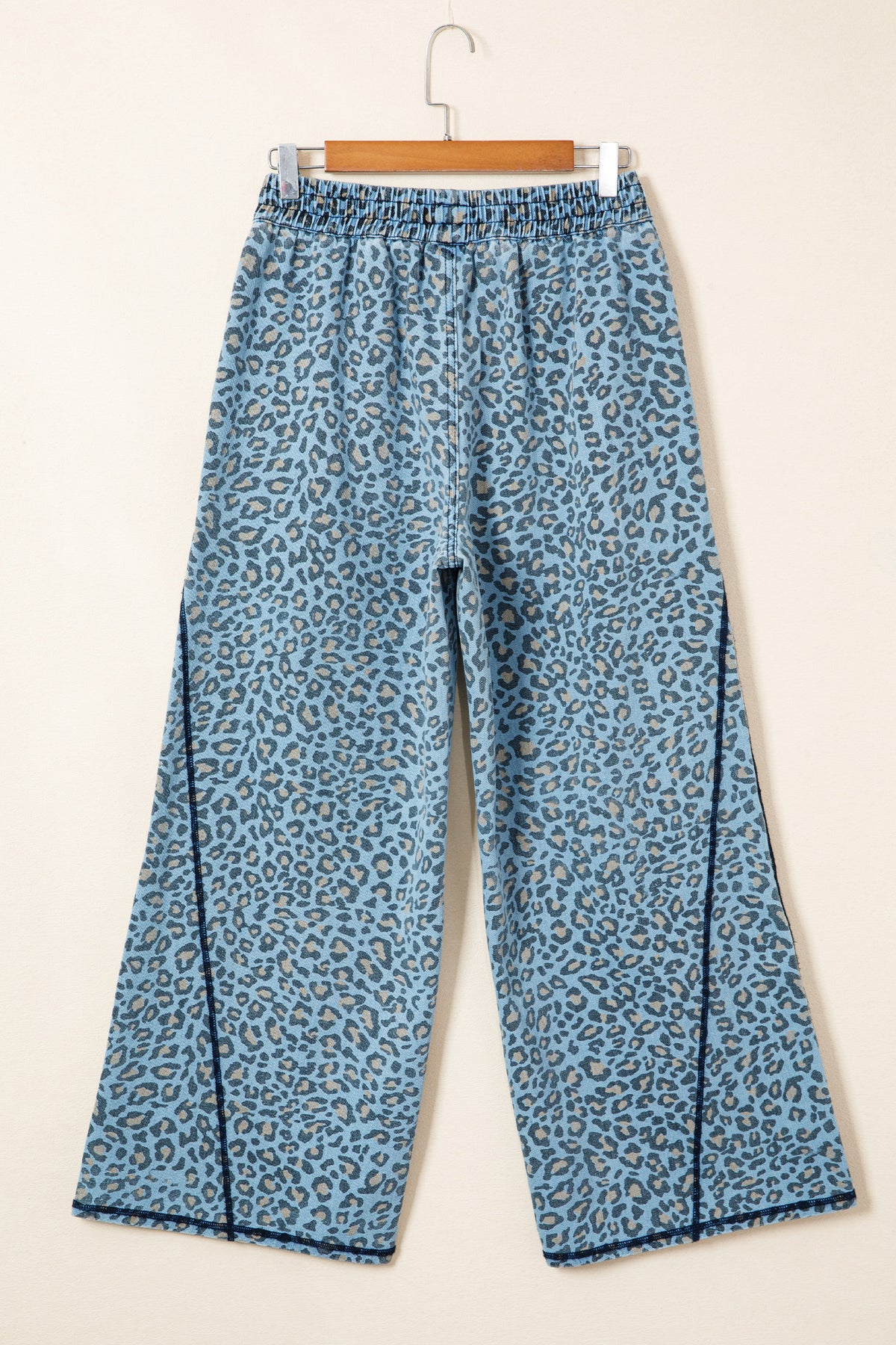 Blue Leopard Print Exposed Seam Wide Leg Drawstring Jeans