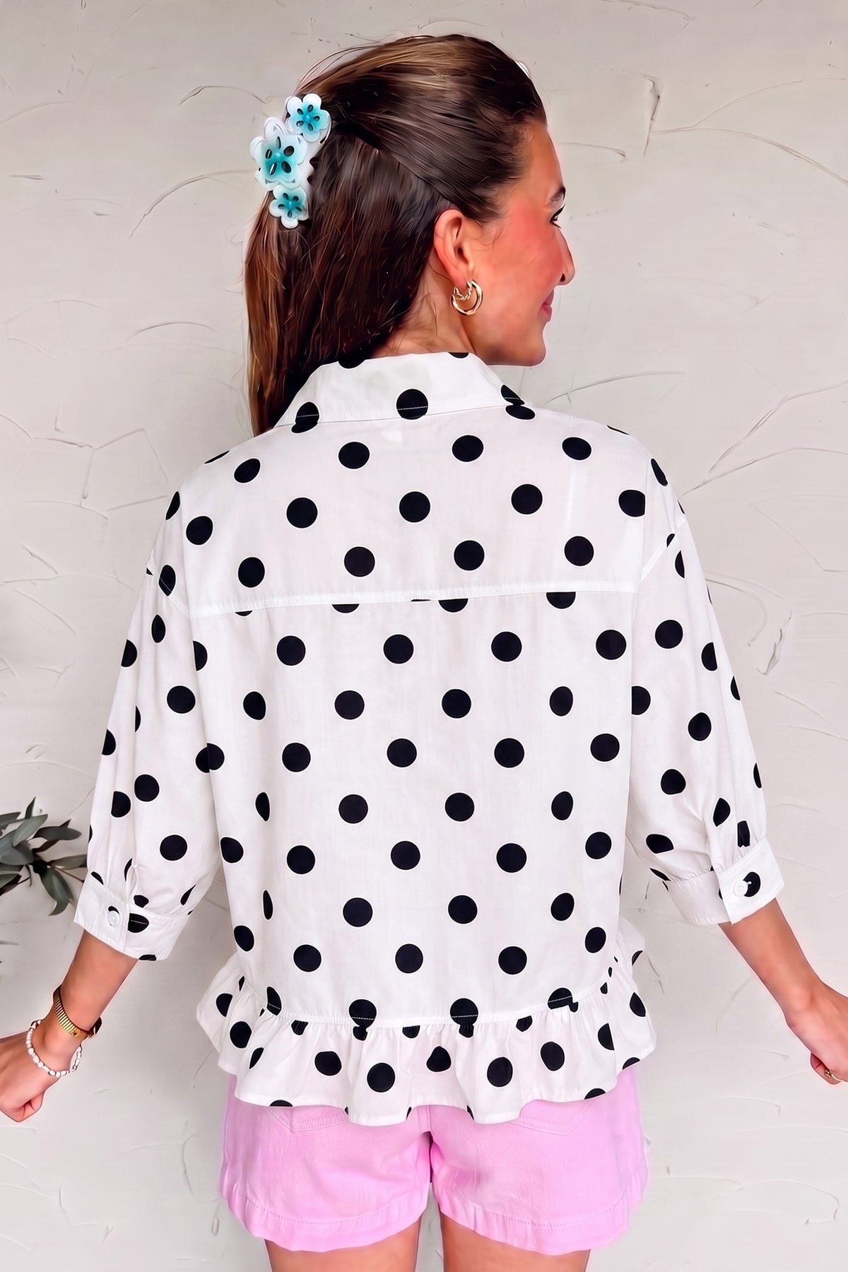 White Polka Dot Print Three Quarter Sleeve Ruffle Hem Shirt