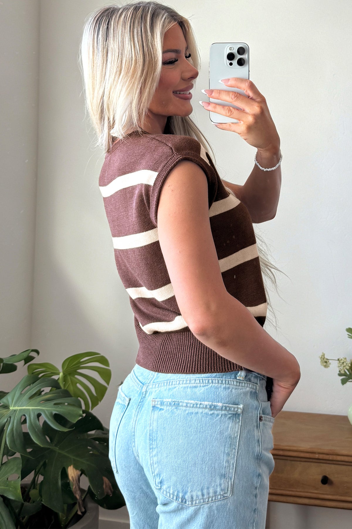 White Stripe Knit Western Short Sleeve Sweater