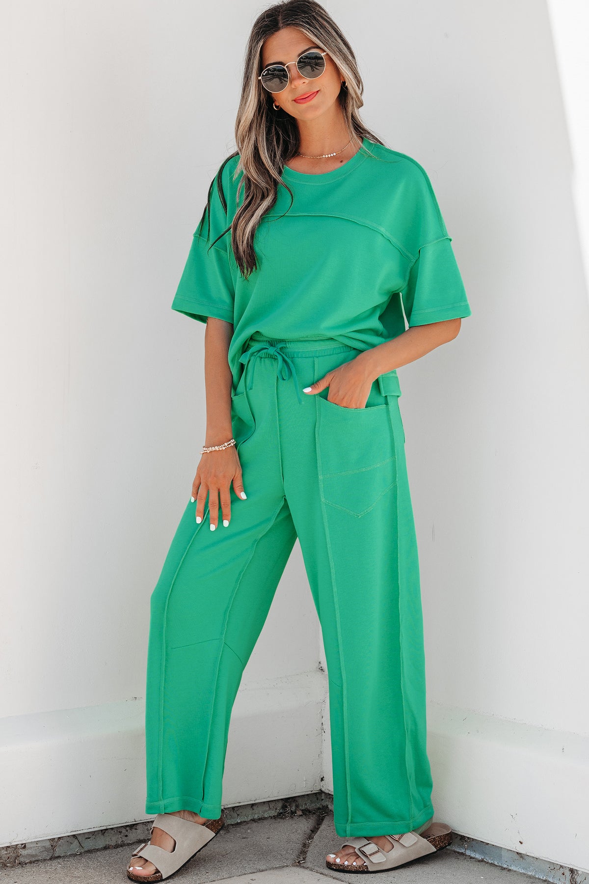 Women's Rose Red Drop Shoulder Boxy Tee and Barrel Pants Set