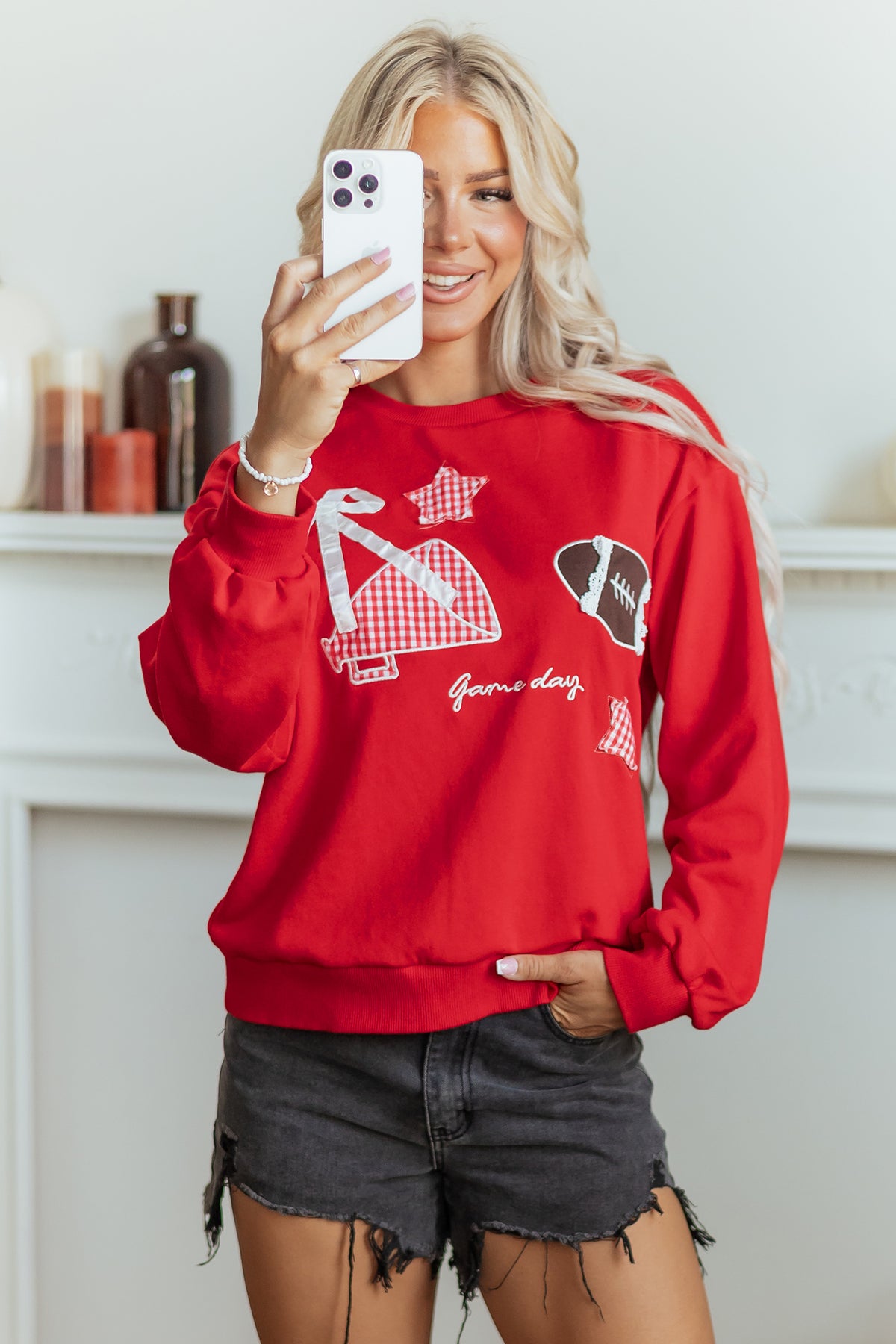 Racing Red Gingham Patch Embroidered Rugby Sweatshirt