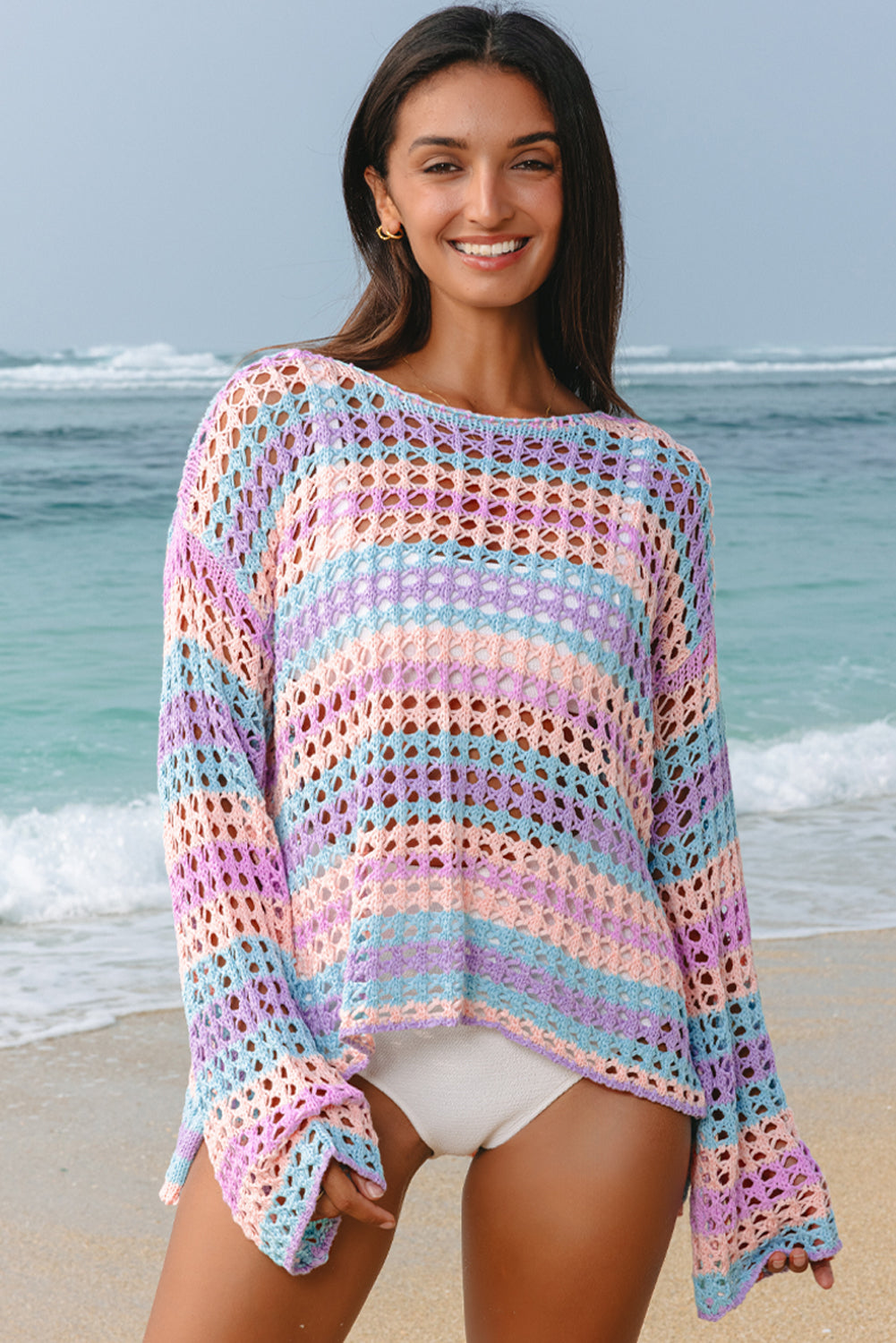 Purple Stripe Open-Knit Beach Cover-Up