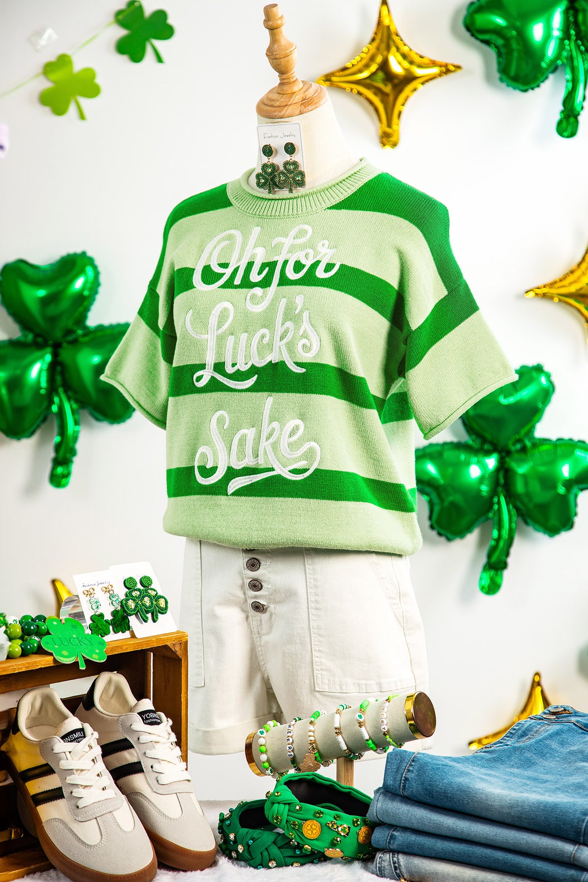 Green Stripe Oh for Lucks Sake St Patricks Day Short Sleeve Sweater