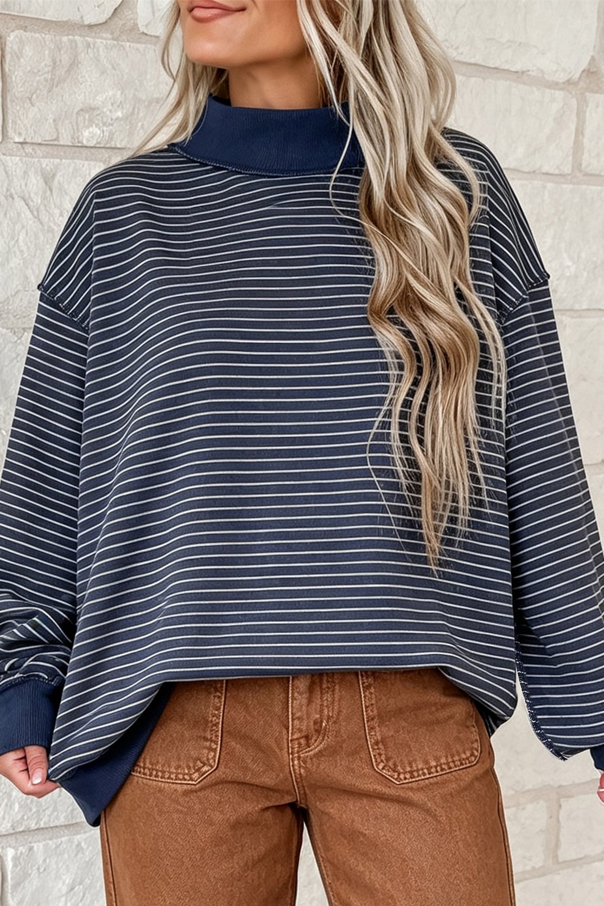 Khaki Stripe Ribbed Mock Neck Oversized Sweatshirt