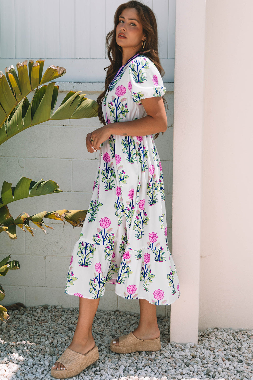 White Floral V-Neck Maxi Dress