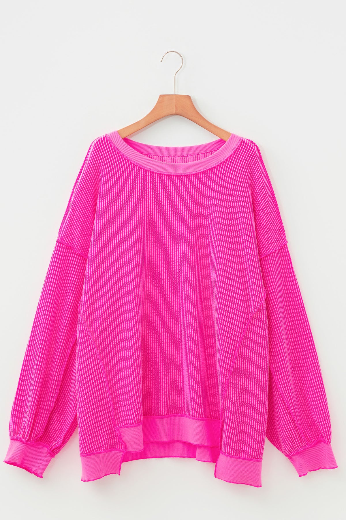 Rose Red Drop-Shoulder Uneven Hem Plus Size Twisted Rib Top