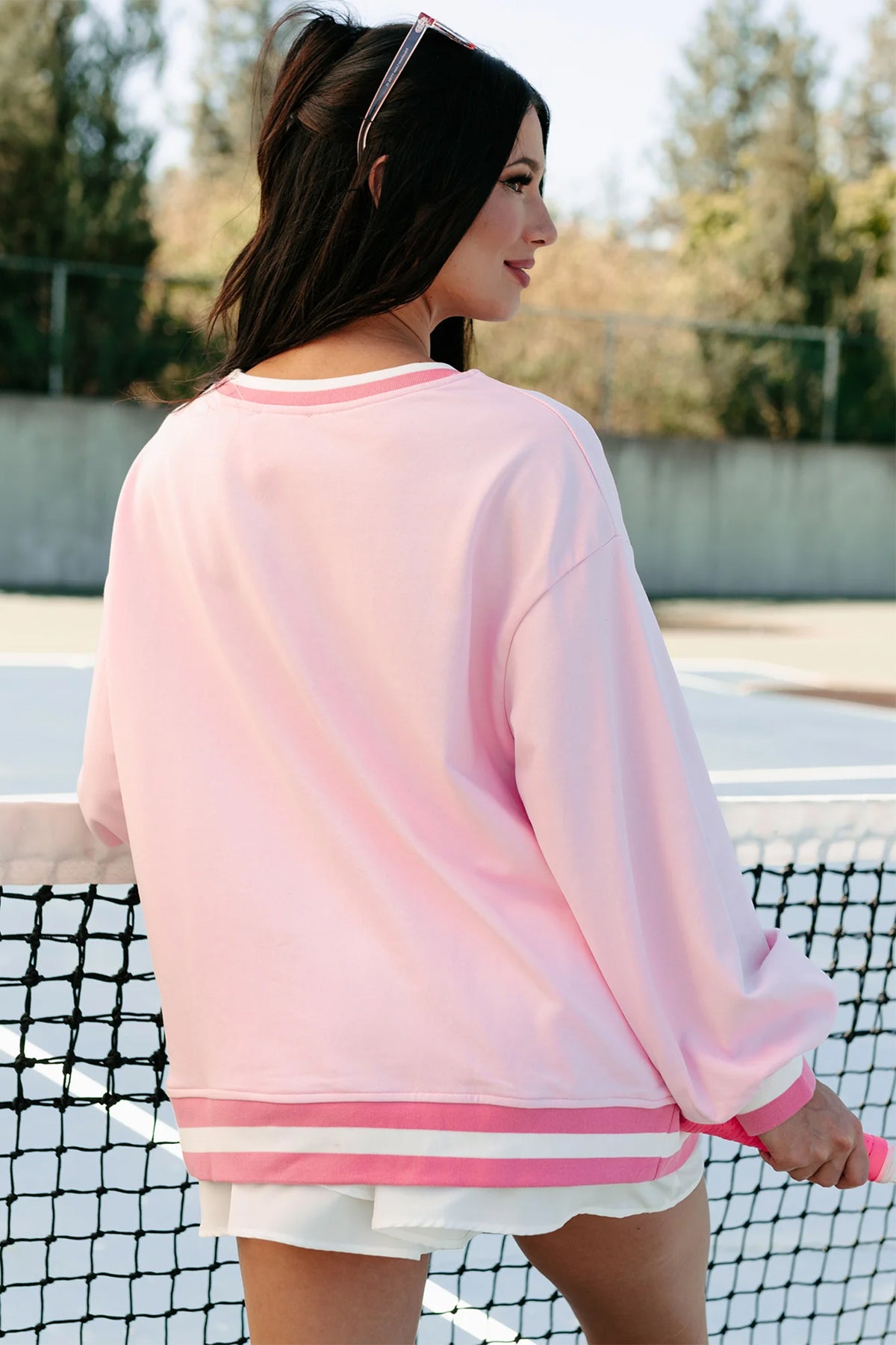 Pink Embroidered Tennis Club Crew Neck Sweatshirt