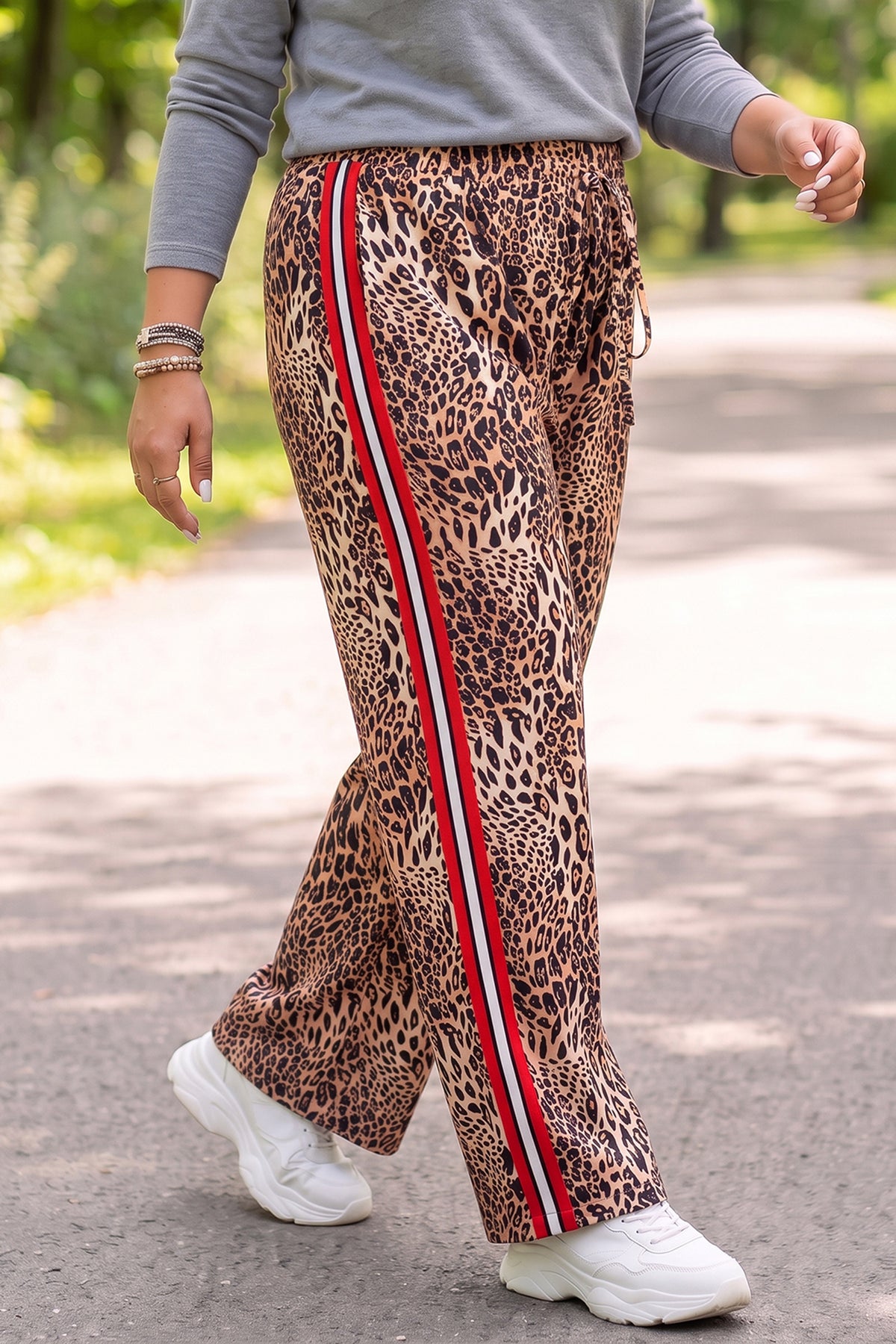 Khaki Leopard Print Color-Block Side Stripes Wide-Leg Full-Length Plus Size Pants