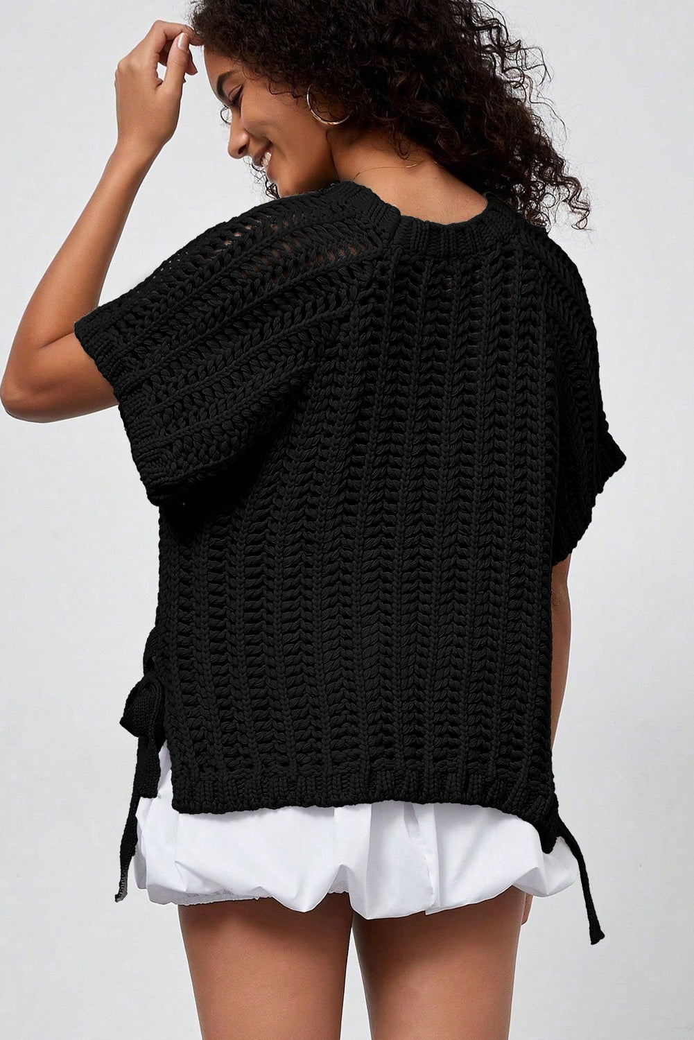 White Plus Size Open Knit Bow Tie Short-Sleeve Sweater