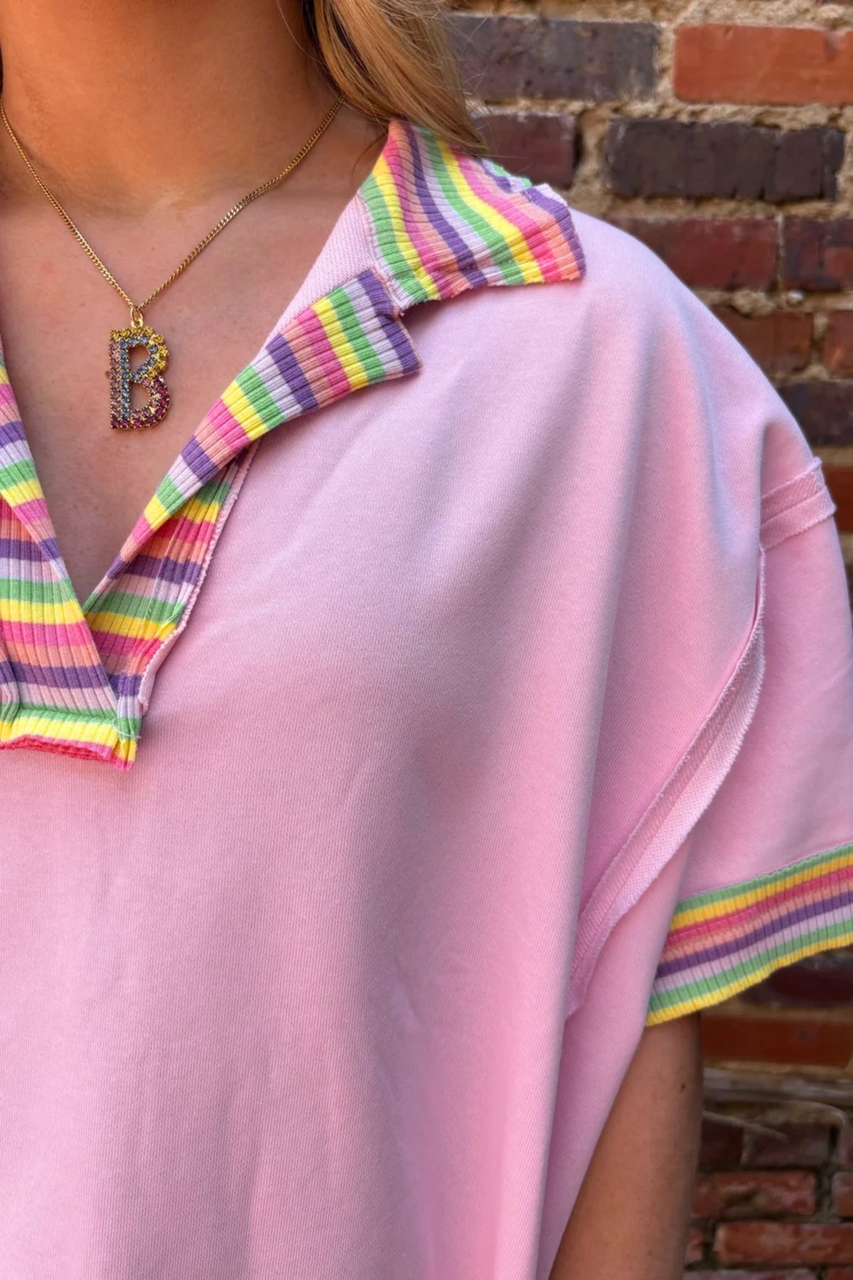 Pink Rainbow Stripe Ribbed Patchwork Raw Seam Oversize Polo Tee
