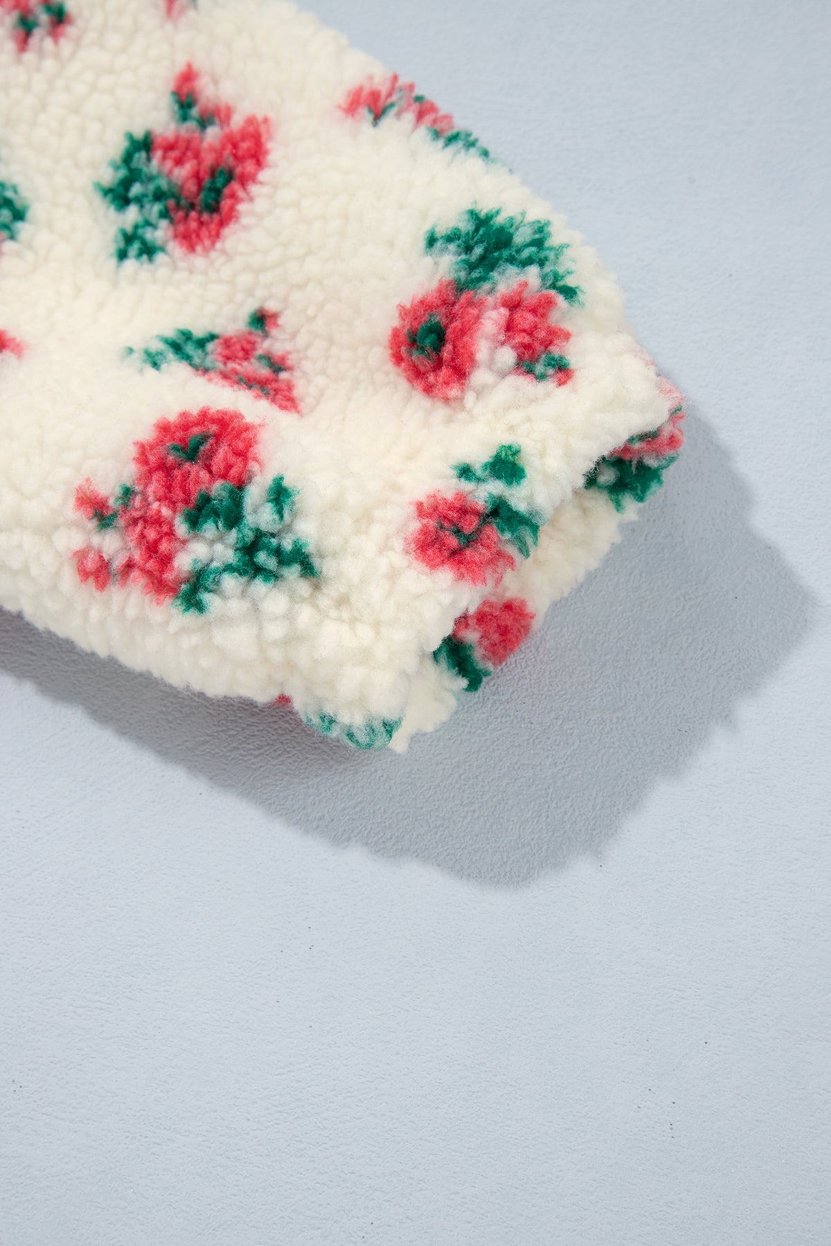 White Floral Fleece Contrast Trim Button Collar Sweatshirt