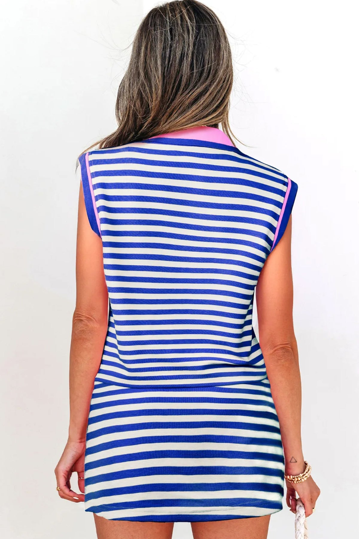 Women's Dark Blue Textured Stripe Print Contrast Trim Zip Collar Sleeveless Two-Piece Skort Two