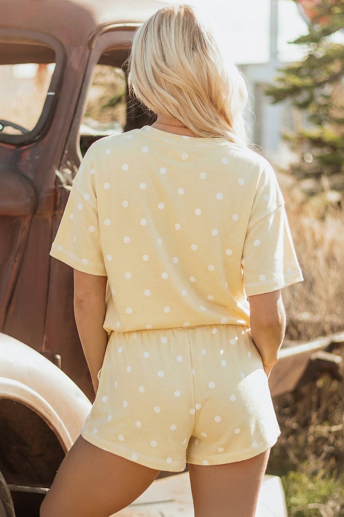 Women's Pink Polka Dot Short-Sleeve Loose Top Drawstring Shorts Set