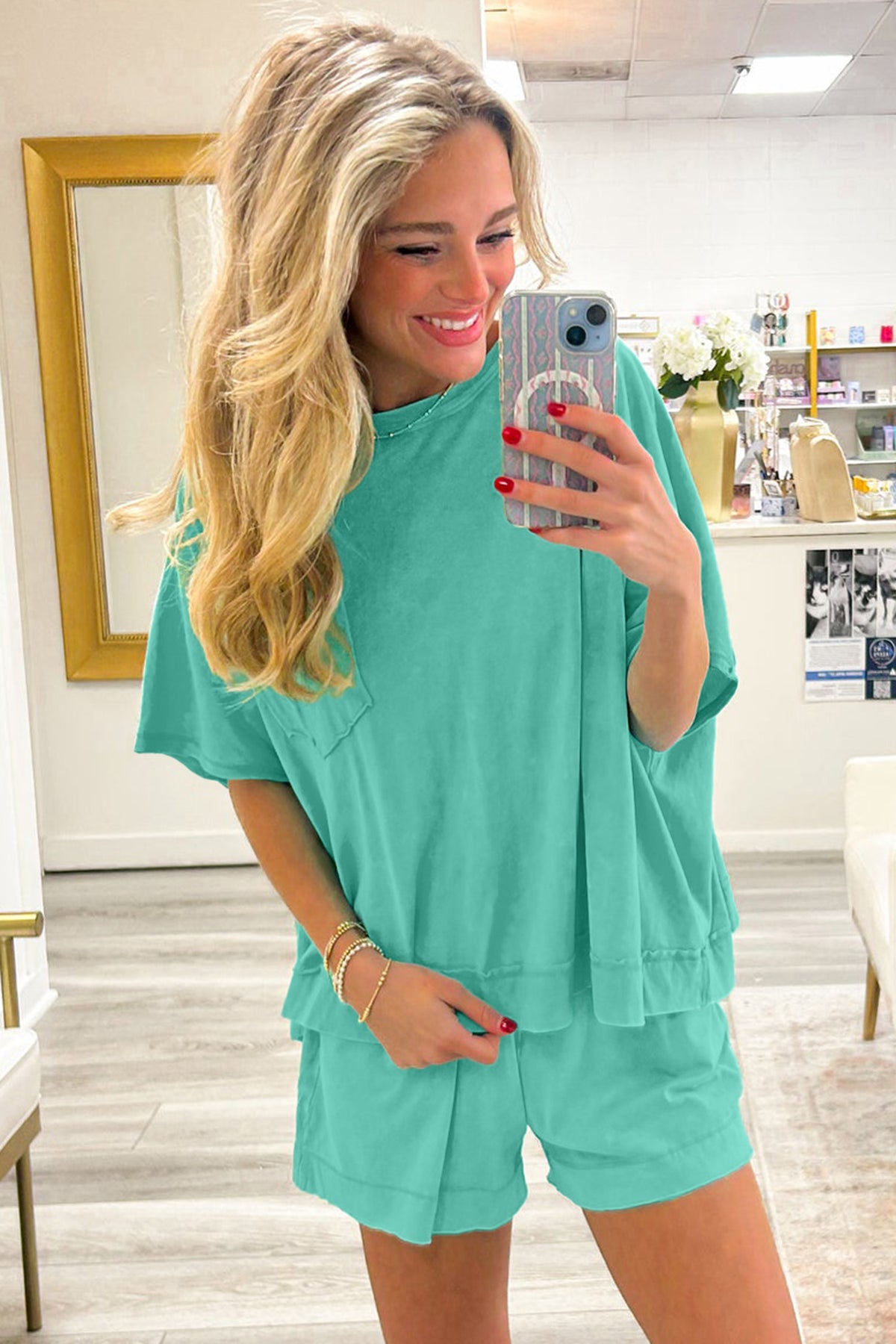 Women's Mint Green Raw Edge Patch Pocket Oversized Top & Shorts Set