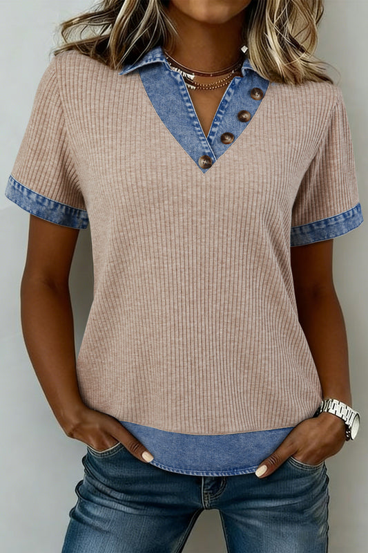 Beige Ribbed Knit Denim Color Block Patchwork Button Detail Collared Blouse