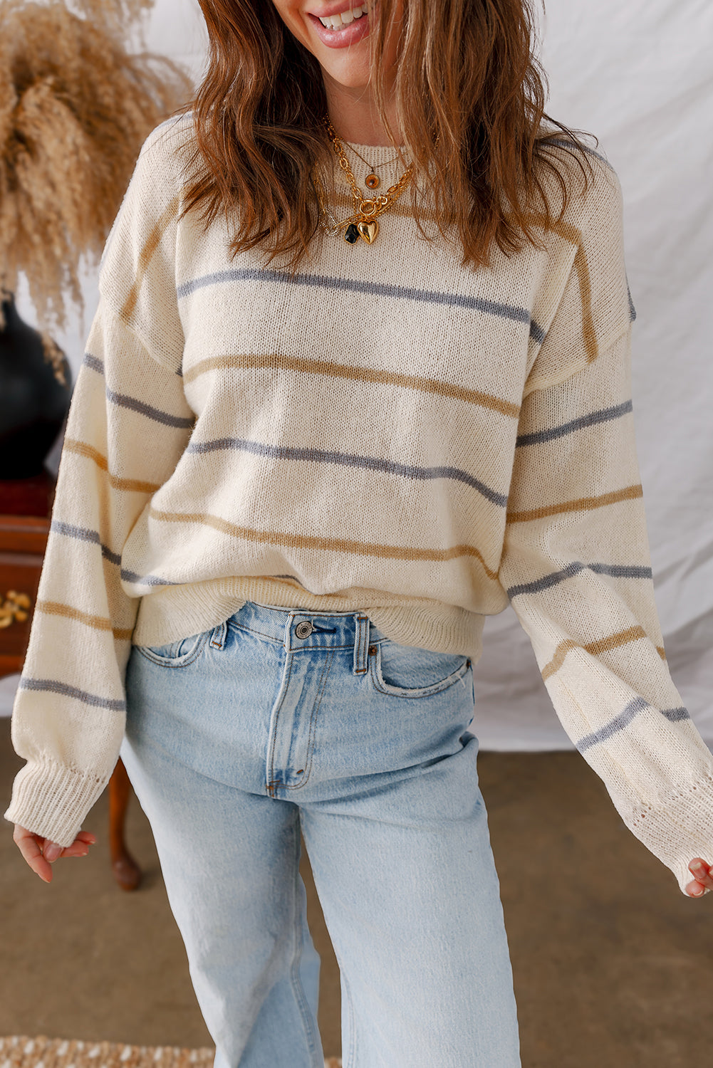 Pink Stripe Ribbed Edge Drop Shoulder Sweater