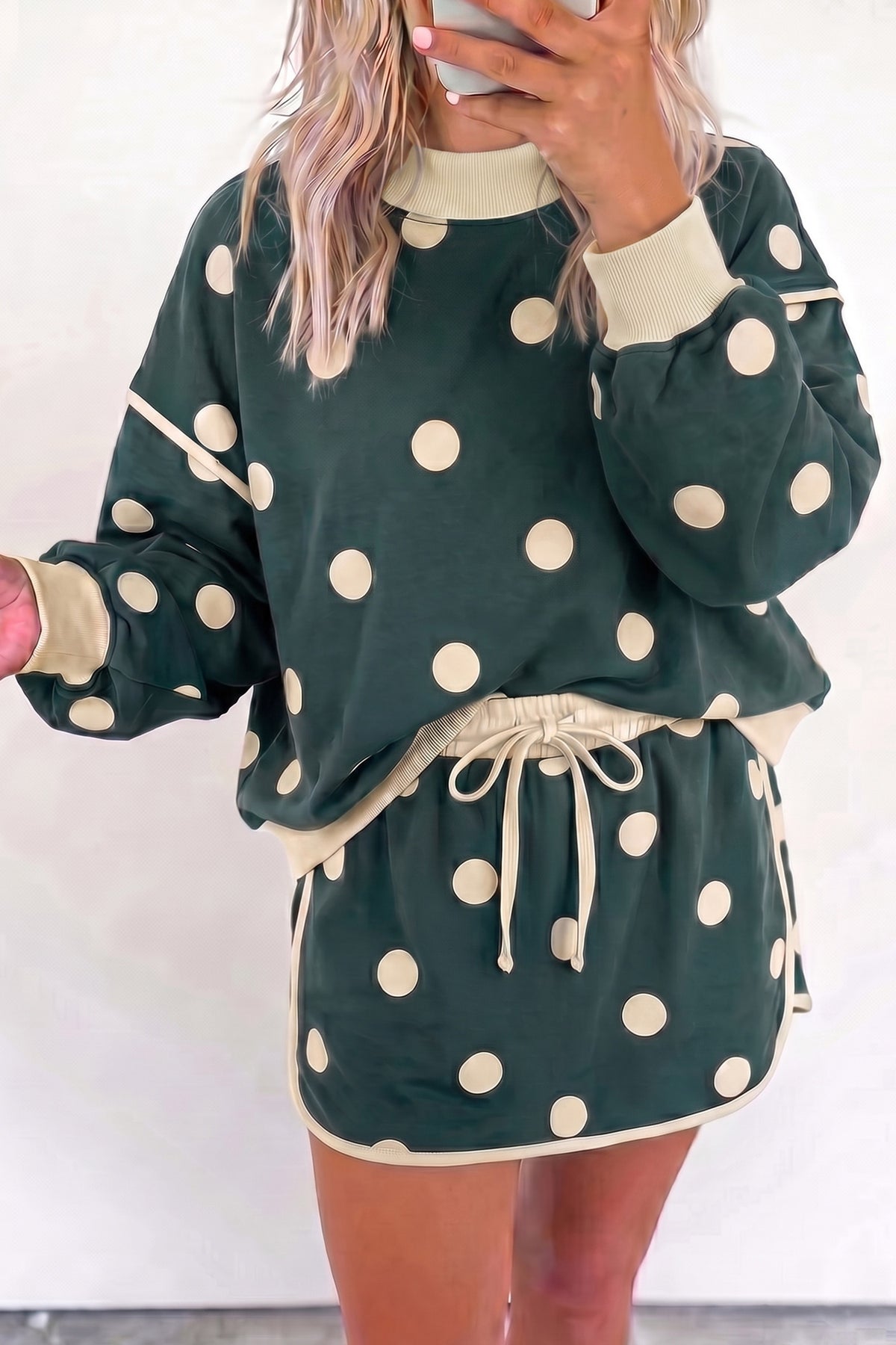 Women's Green Polka Dot Print Color Block Trim Baggy Pullover Drawstring Skort Two-Piece Set