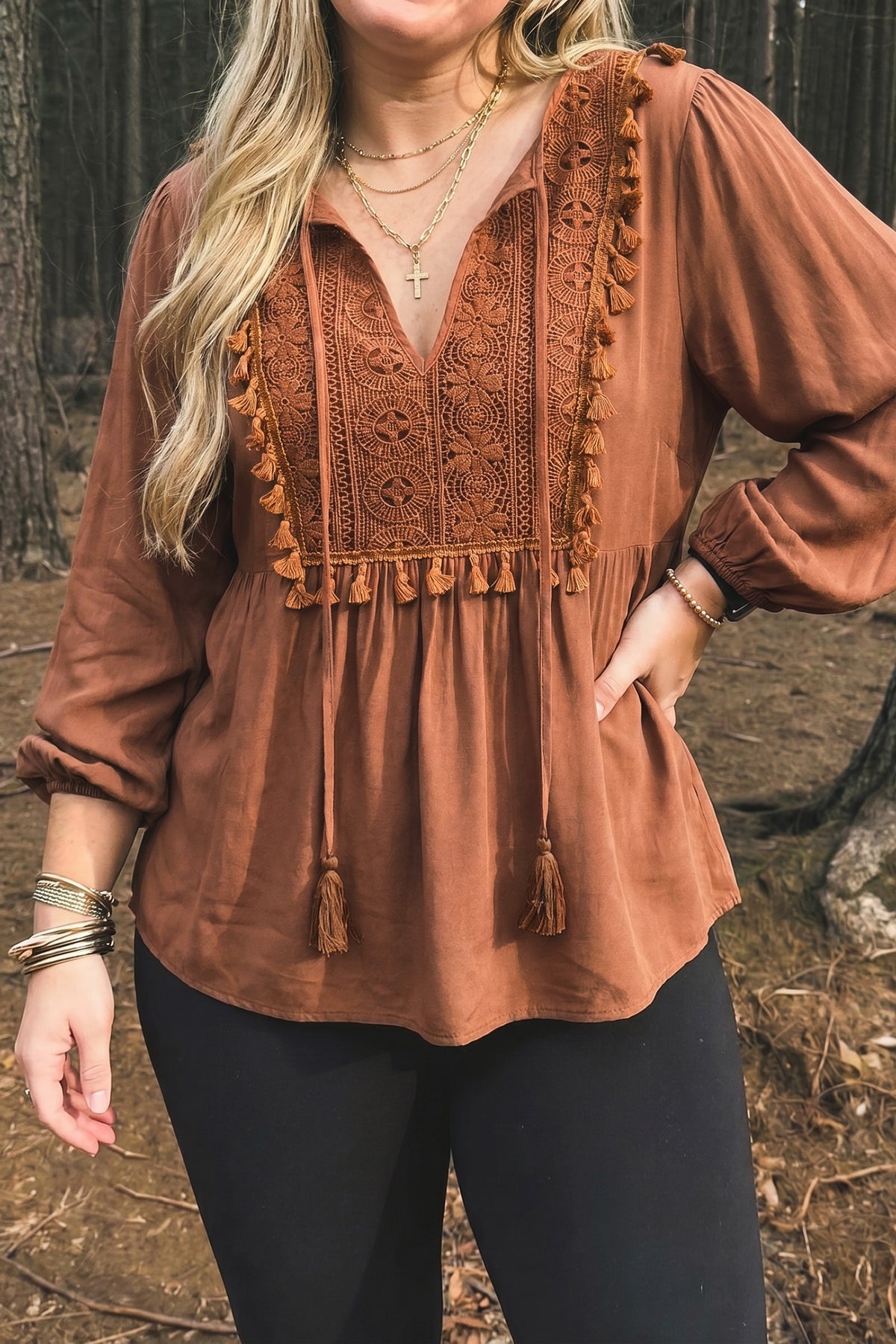 Chestnut Boho V-Neck Embroidered Tassel Long-Sleeve Plus Size Blouse