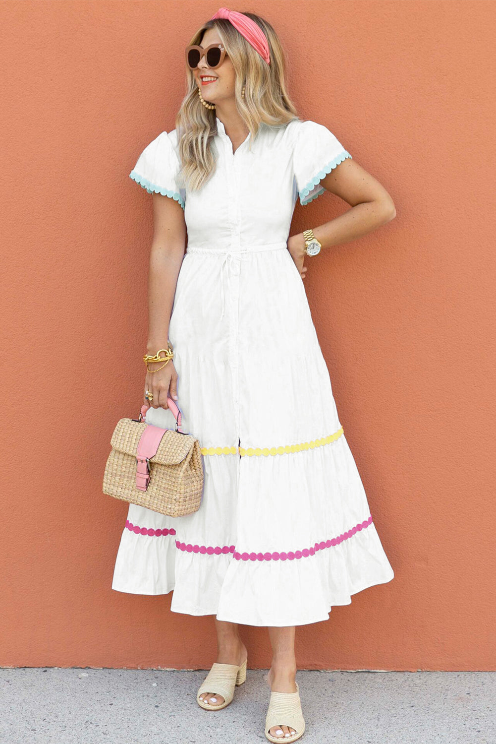 White Colorblock Rickrack Short Sleeve Drawstring Waist Long Dress