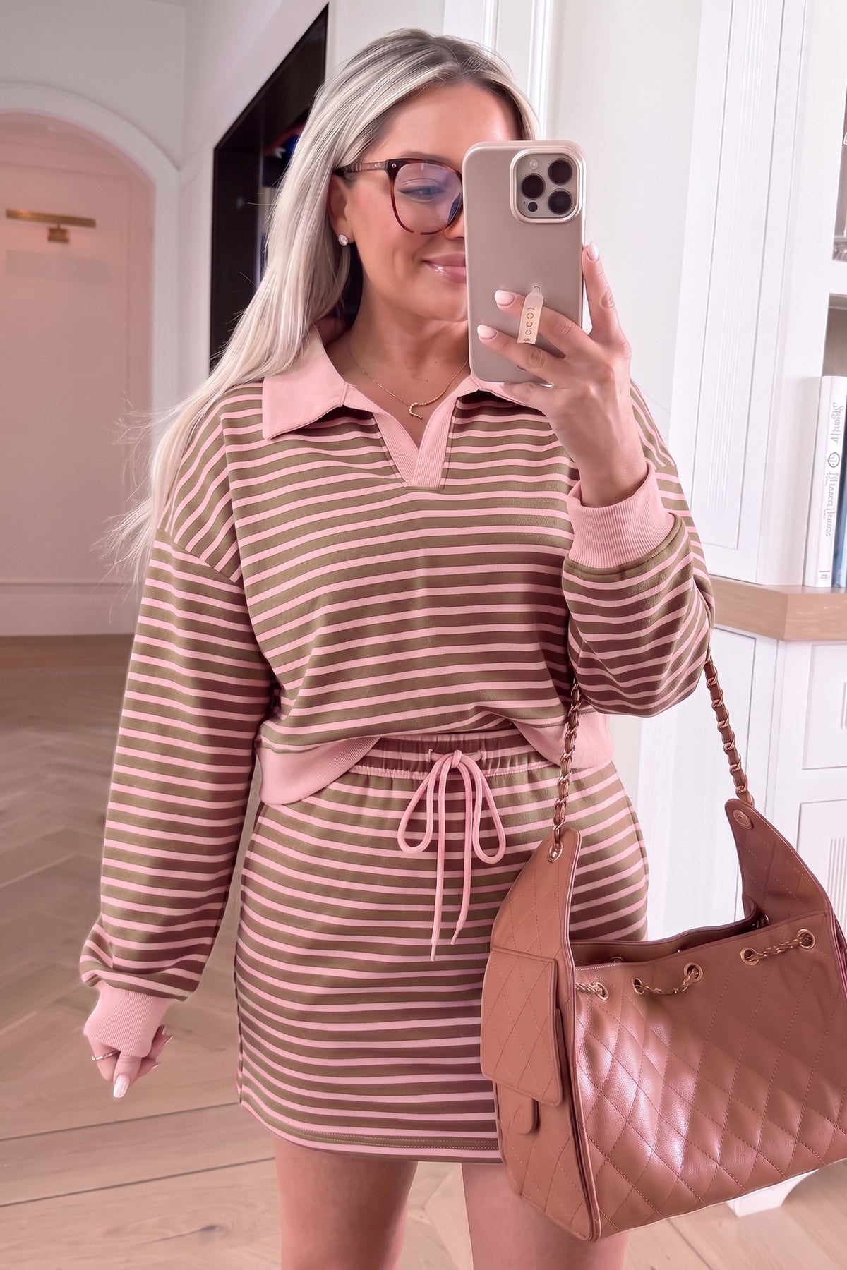 Women's Brown Stripe Striped Drawstring Waist Long-Sleeve Top Mini Skort Set