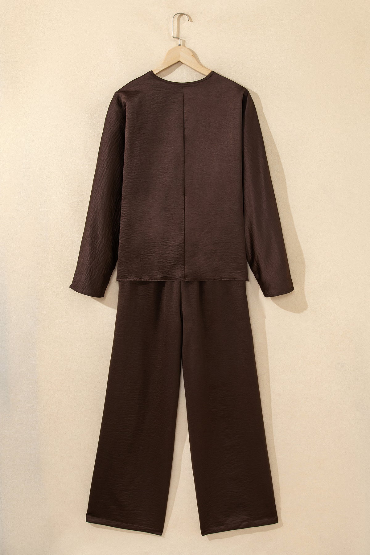 Women's Dark Brown Braided V-Neck Top & High-Waist Pants Two-Piece Outfit Set
