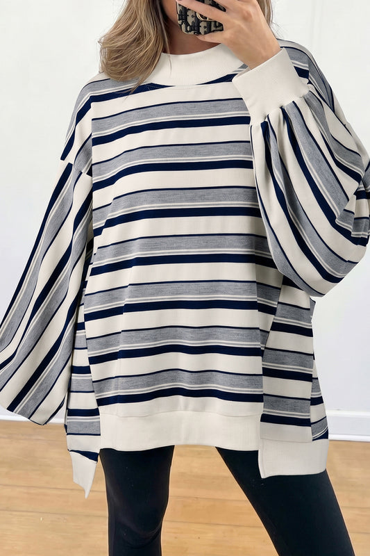 Blue Stripe Striped Ribbed Stand Neck Shift Sweatshirt