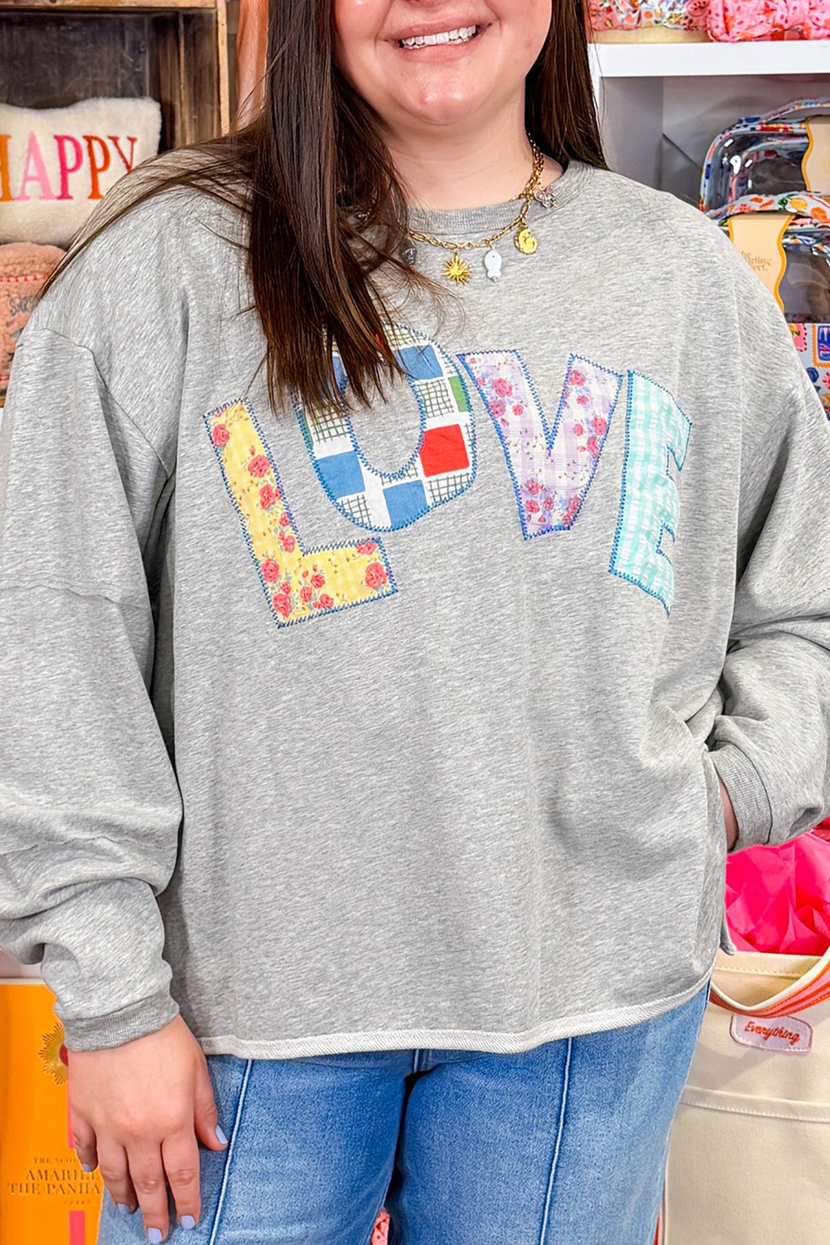 Light Grey Long-Sleeve Patch Embroidery Tunic Plus Size Blouse