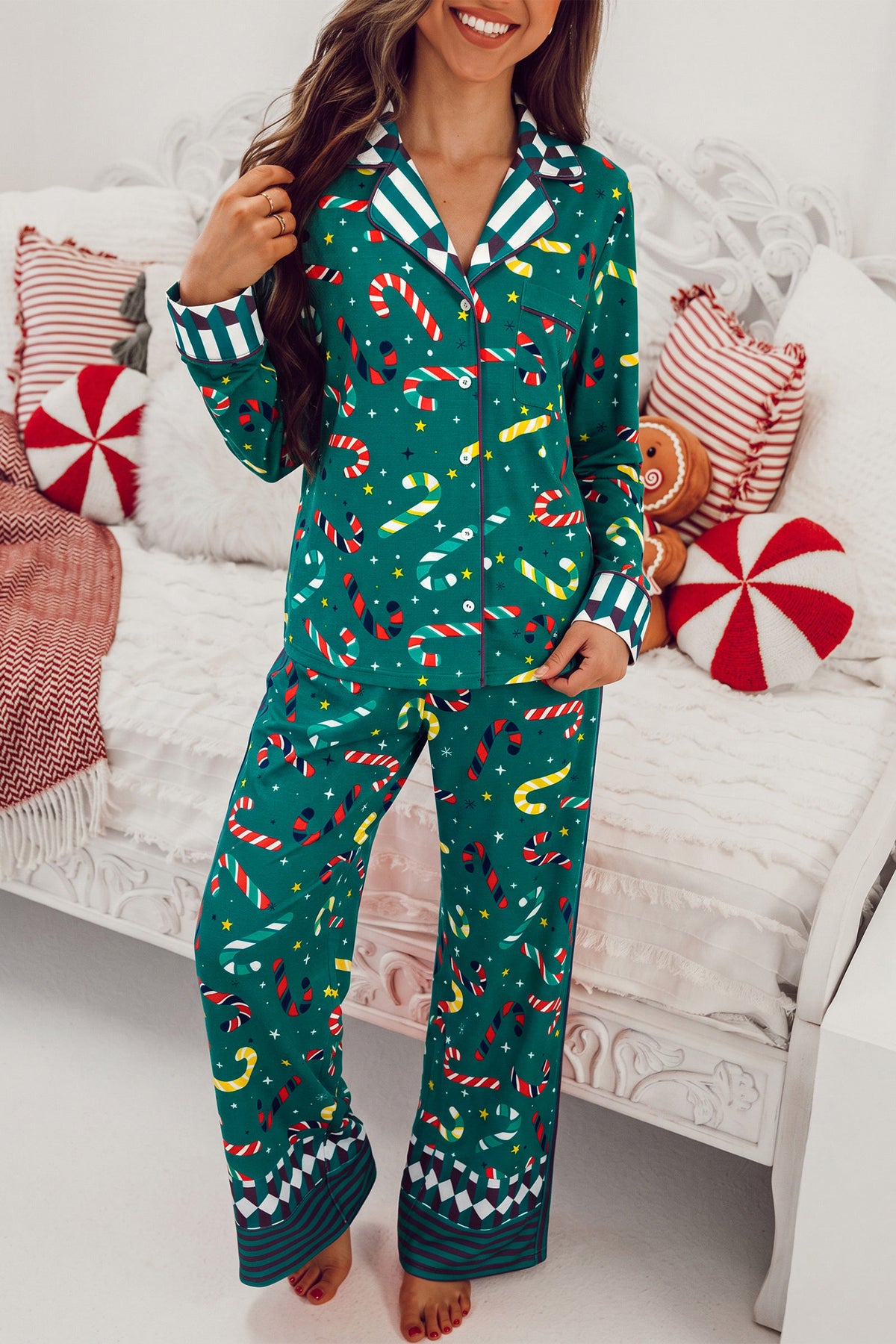 Green Abstract Candy Cane Print Long Sleeve Lounge Set