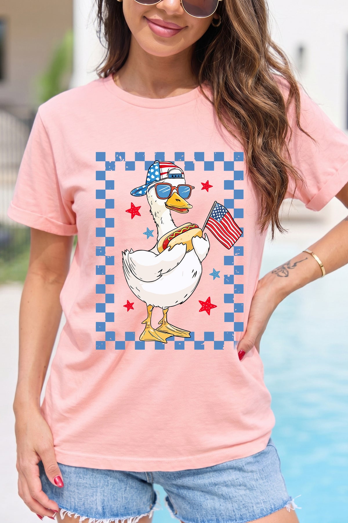 Pink America Goose 4th Of July Patriotic Flag Graphic T-Shirt