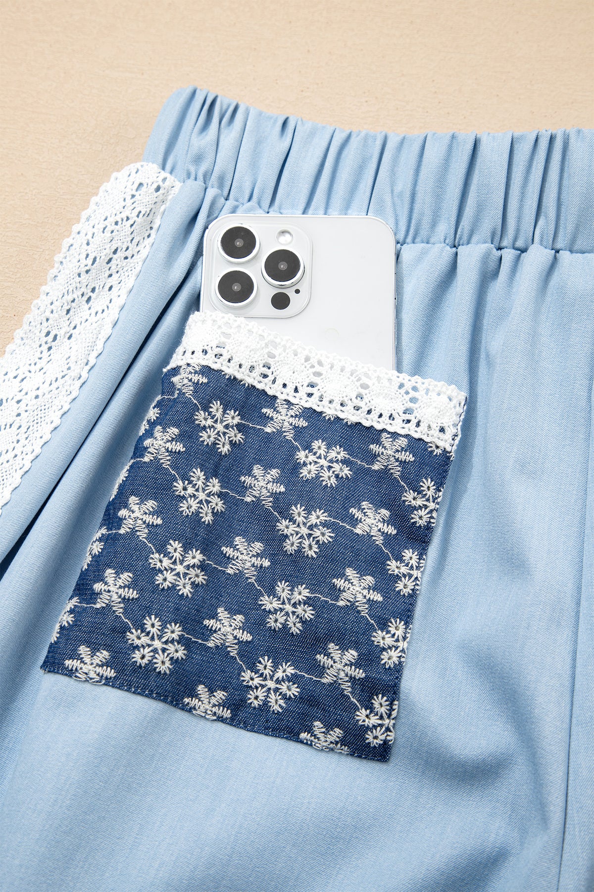 Beau Blue Lace Accent Floral Patched Pocket Pleated Wide Leg Pants