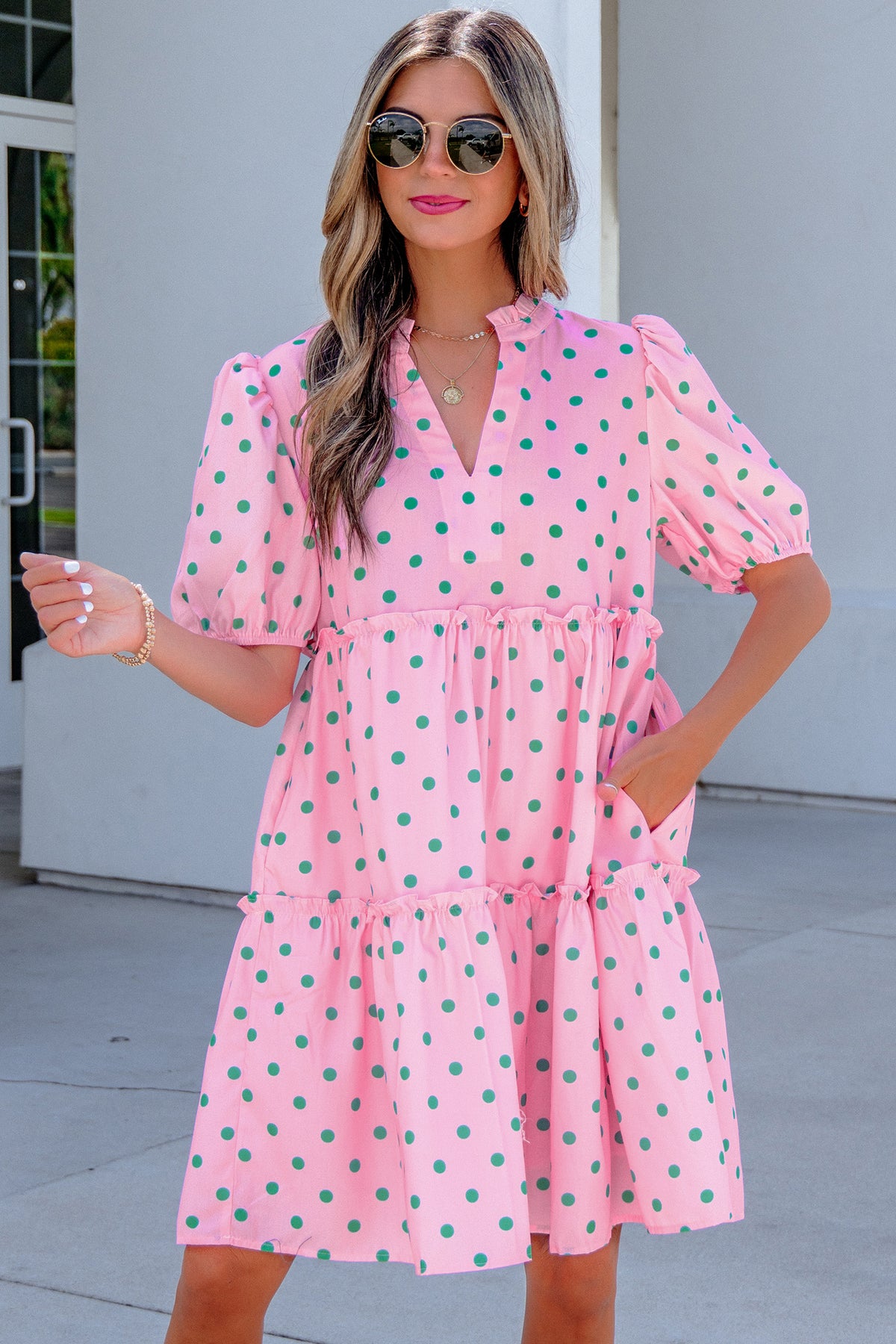Pink Polka Dot V-Neck Mini Dress