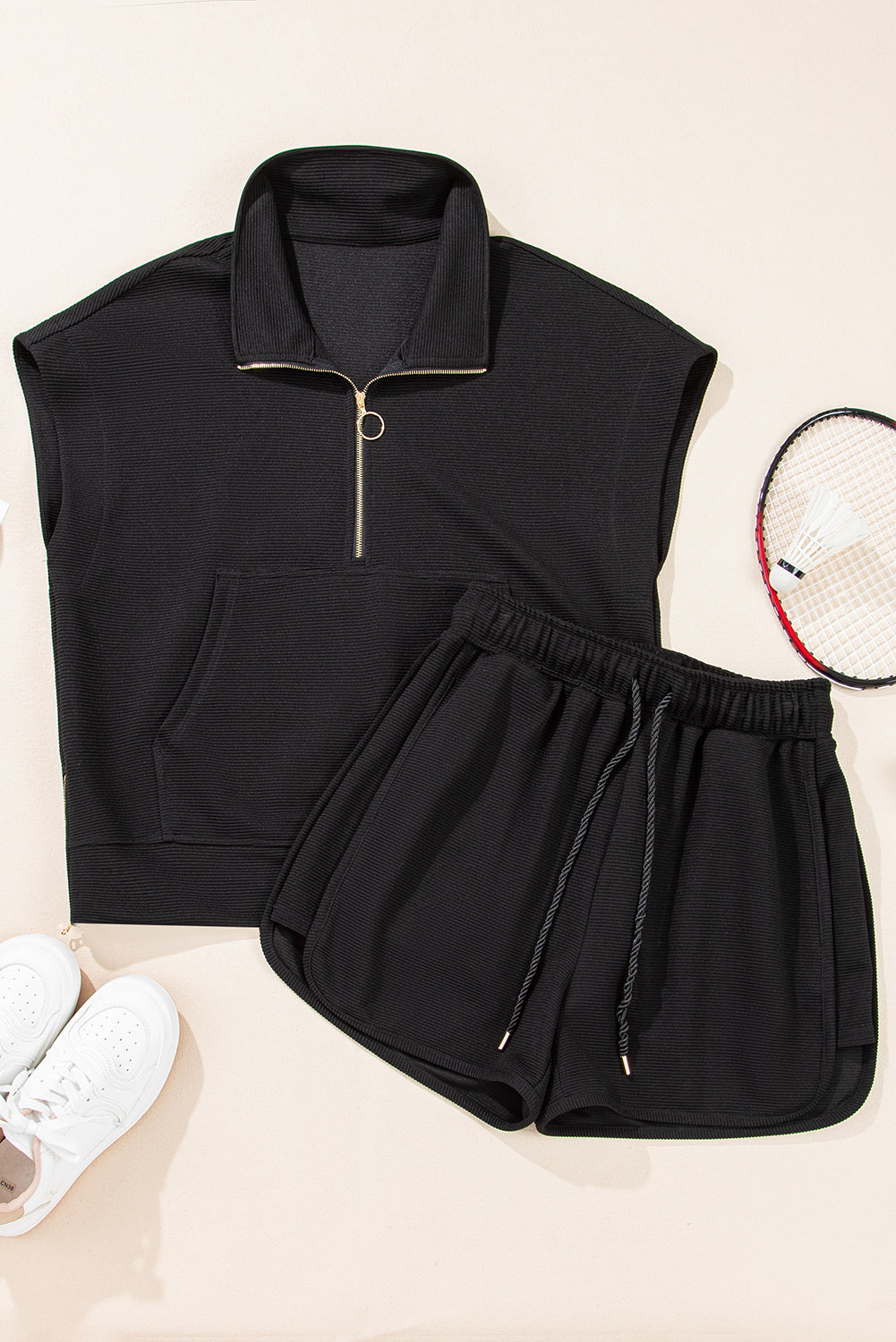 Women's Black Textured Half Zip Kangaroo Pocket Top Shorts Set