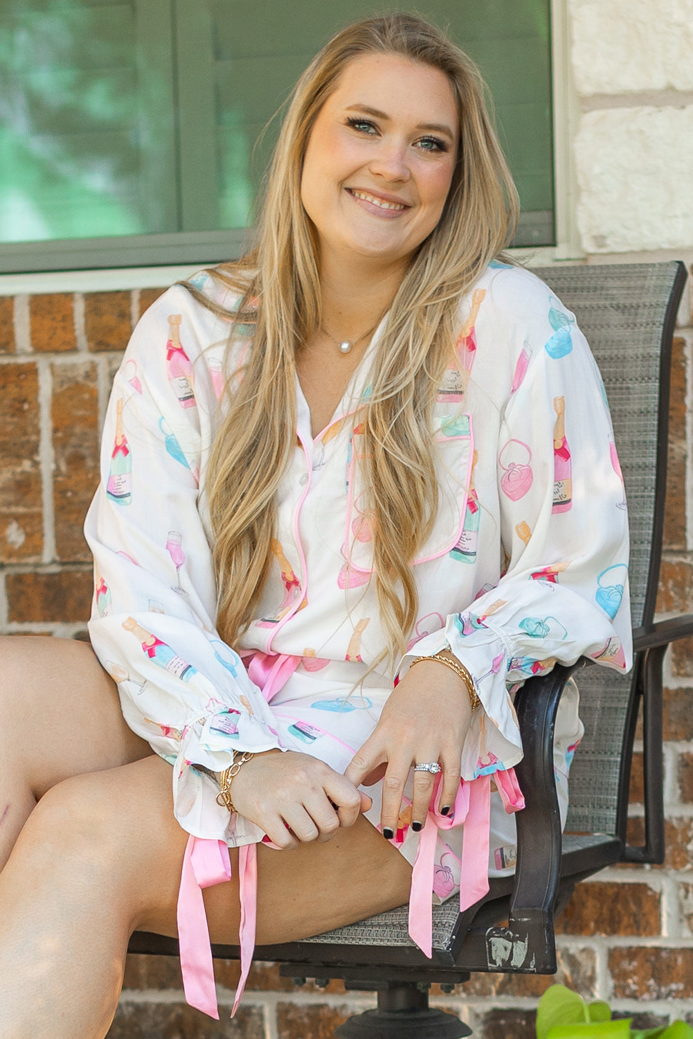 White Plus Size Wine Glass Print Bow-Knot Pajama Set