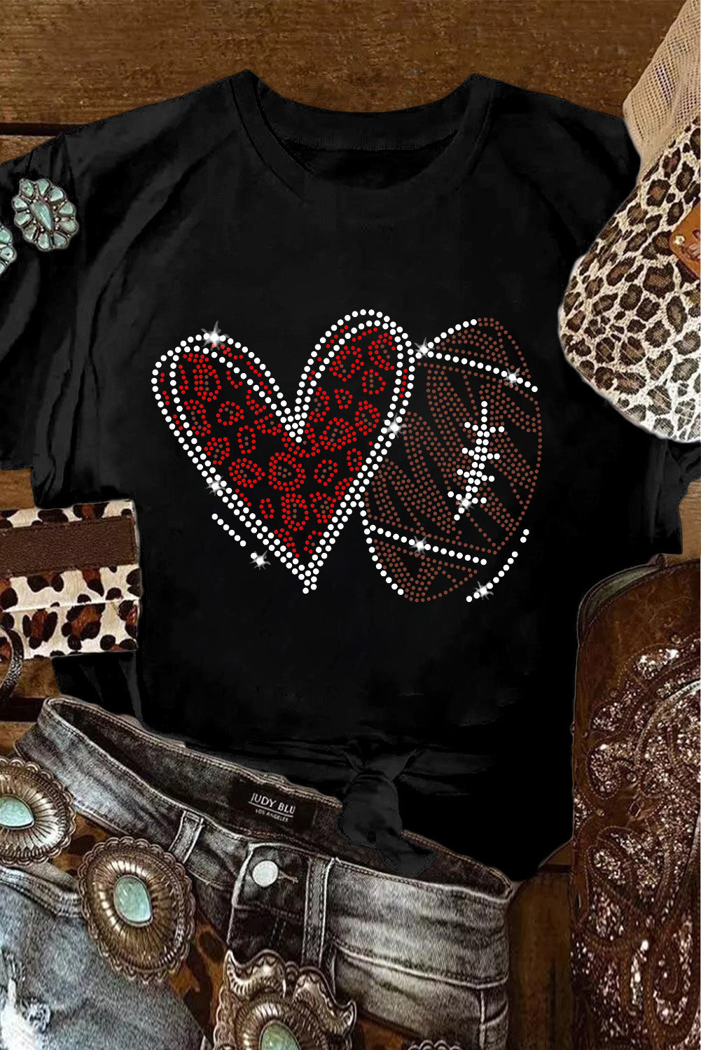 Black Rhinestone Rugby Football Heart Shape Graphic T-Shirt
