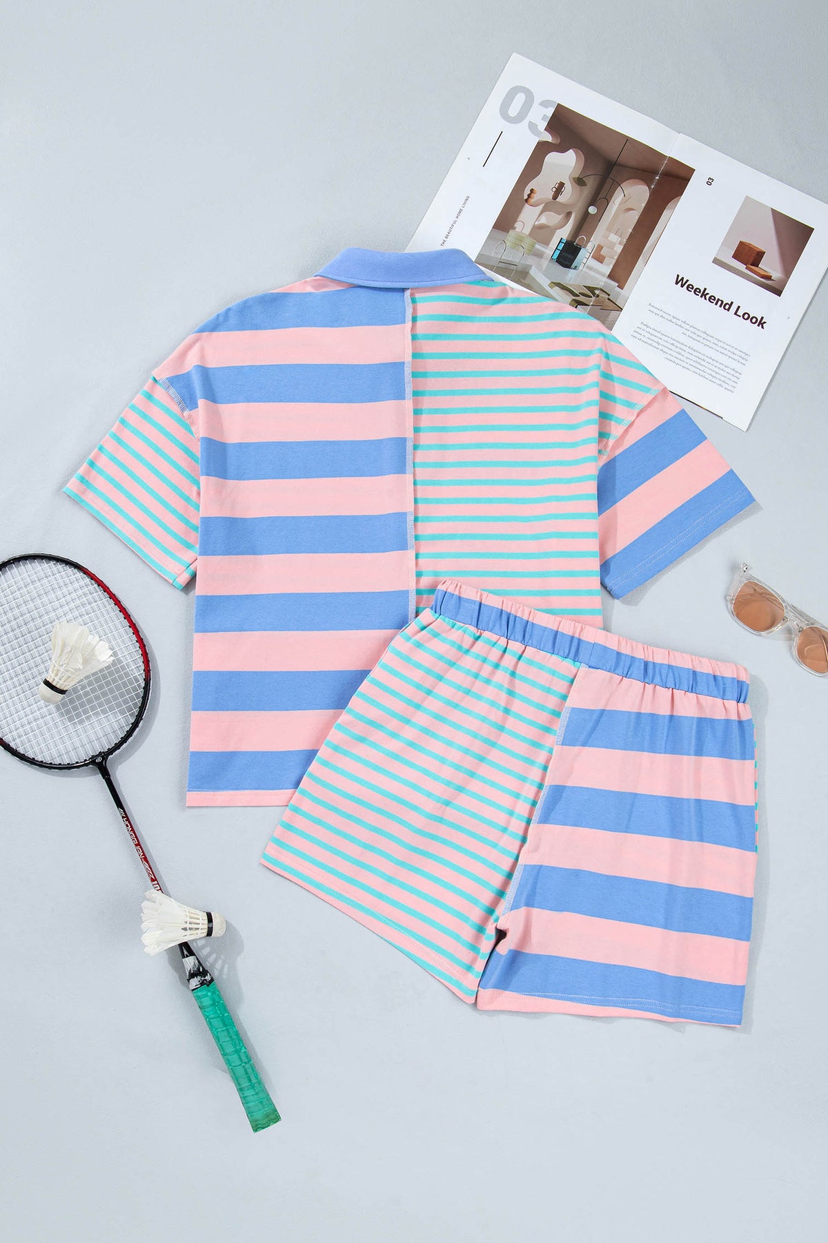 Women's Pink Stripe Exposed Seam Mixed Patchwork Shorts Two-Piece Set