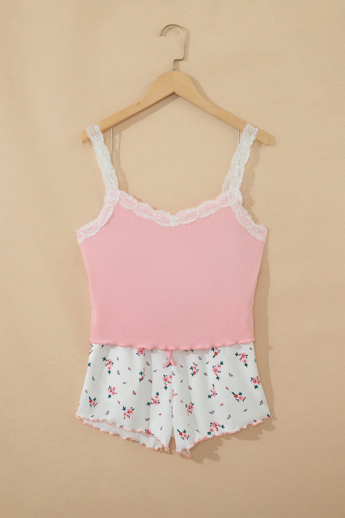 Pink Ribbed Knit Lace Strap Cropped Top and Floral Shorts Lounge Set