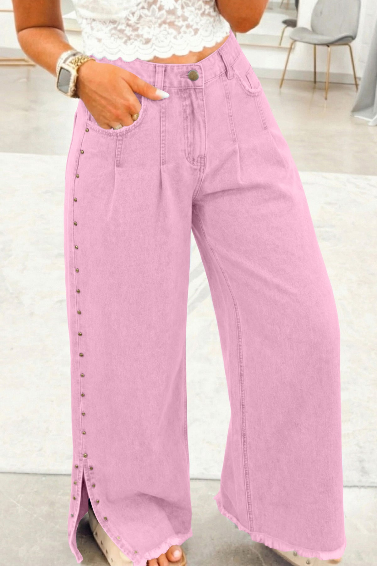 Pink Beaded Side Split Loose Jeans