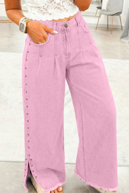 Pink Beaded Side Split Loose Jeans