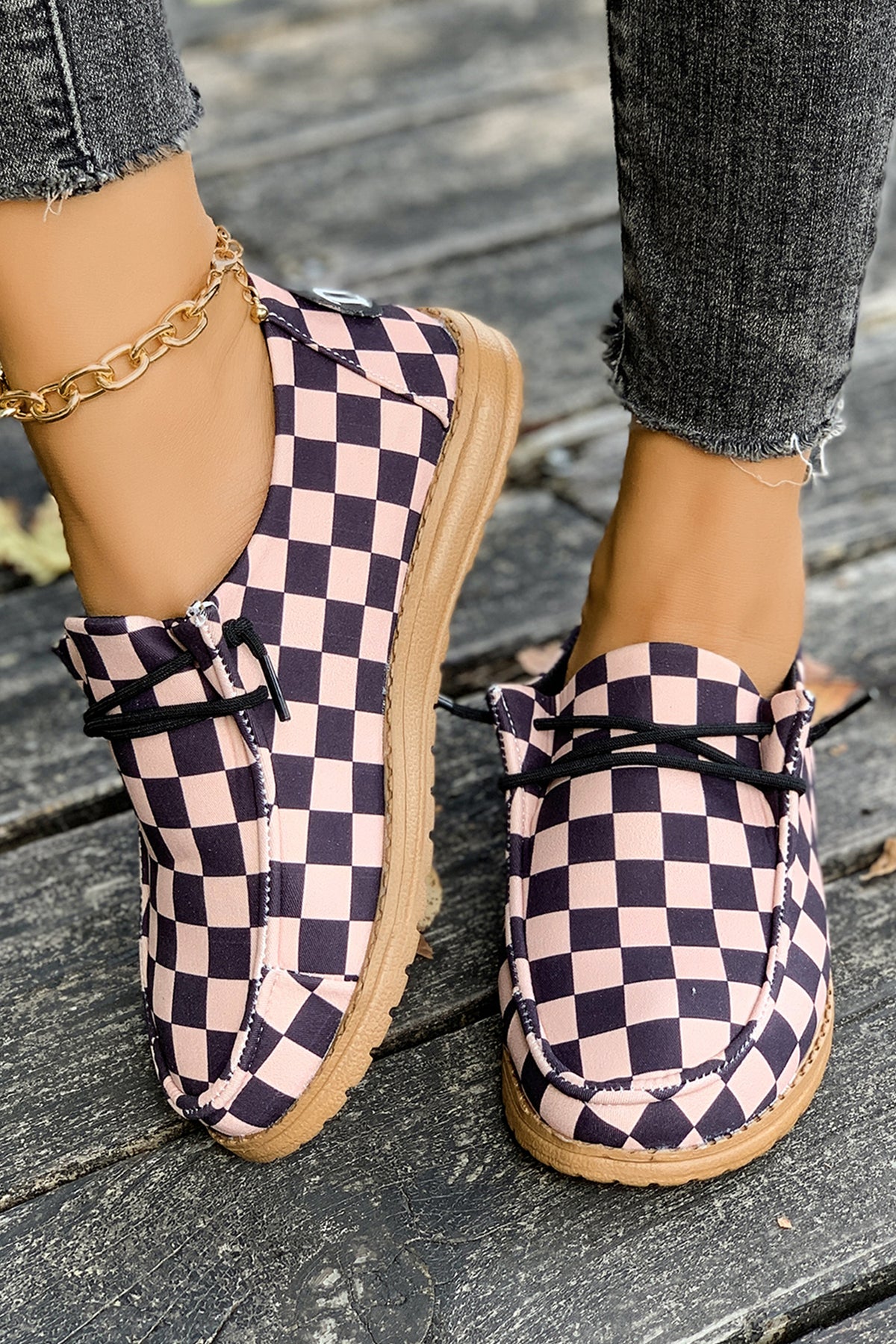 Dark Brown Checkered Print PU Leather Lace-Up Sneakers