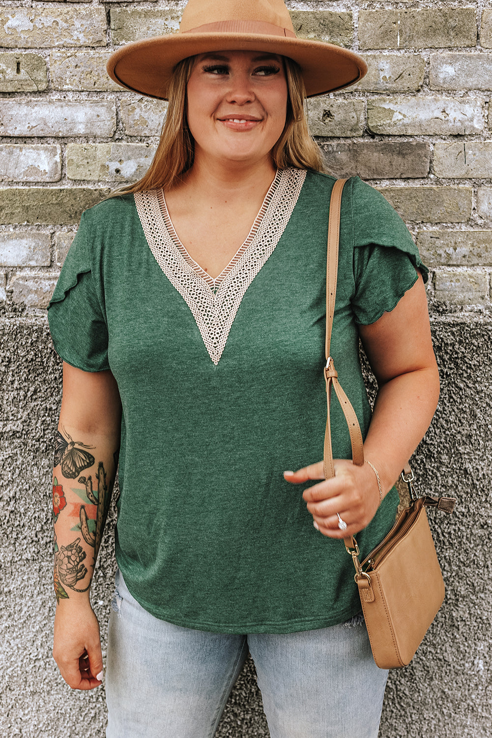 Blackish Green Plus Size Embroidery V-Neck Draped Sleeve Blouse